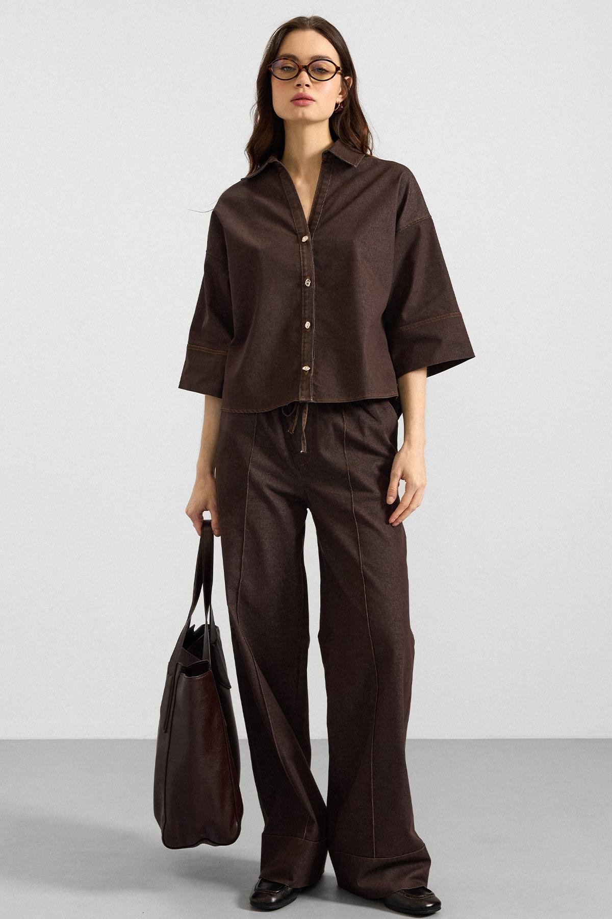 Truvakar Kol Ceket Pantolon Denim İkili Takım KAHVE 9415-TK