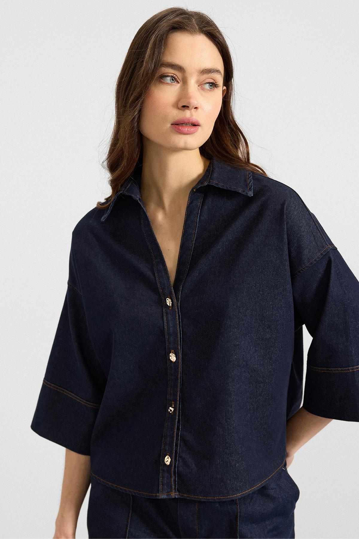 Truvakar Kol Ceket Pantolon Denim İkili Takım LACİVERT 9415-TK