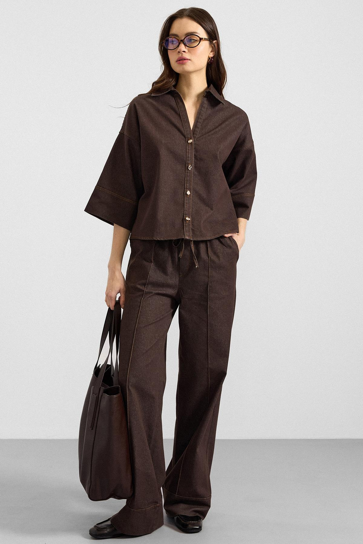 Truvakar Kol Ceket Pantolon Denim İkili Takım KAHVE 9415-TK