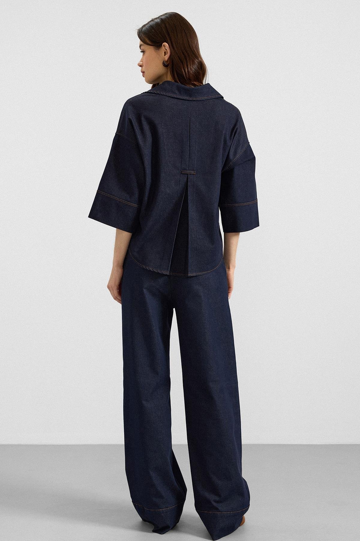 Truvakar Kol Ceket Pantolon Denim İkili Takım LACİVERT 9415-TK