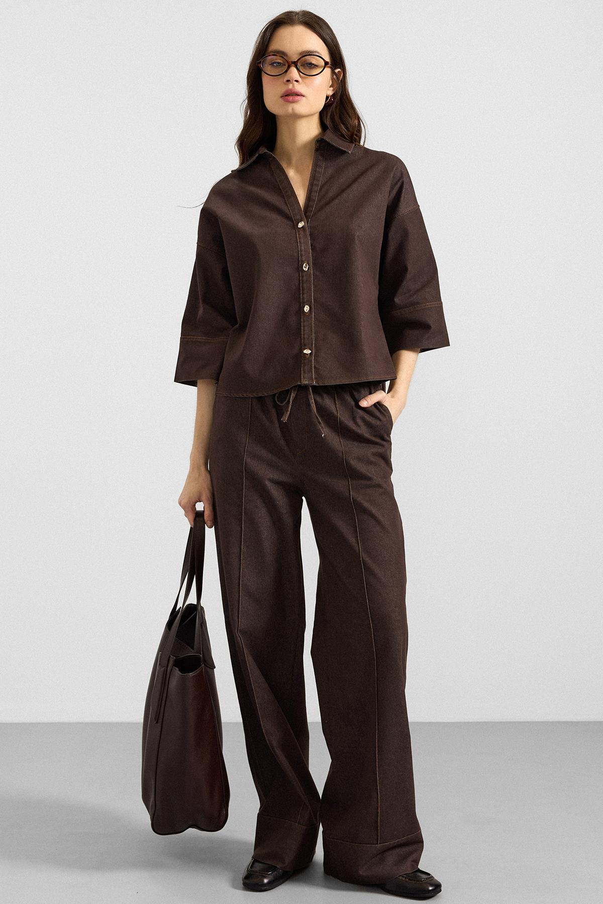 Truvakar Kol Ceket Pantolon Denim İkili Takım KAHVE 9415-TK