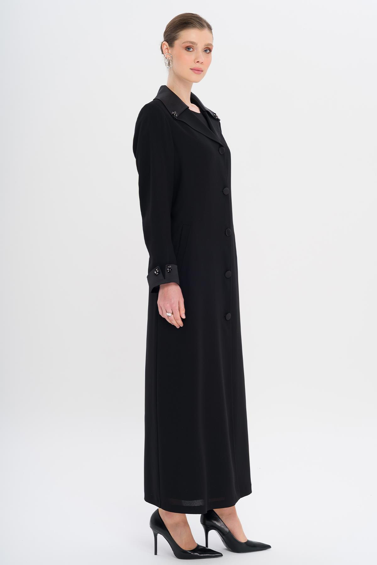 Üst Yakası Saten Garnili Taş Aksesuarlı Astarlı Büyük Beden Pardesü SİYAH 6718