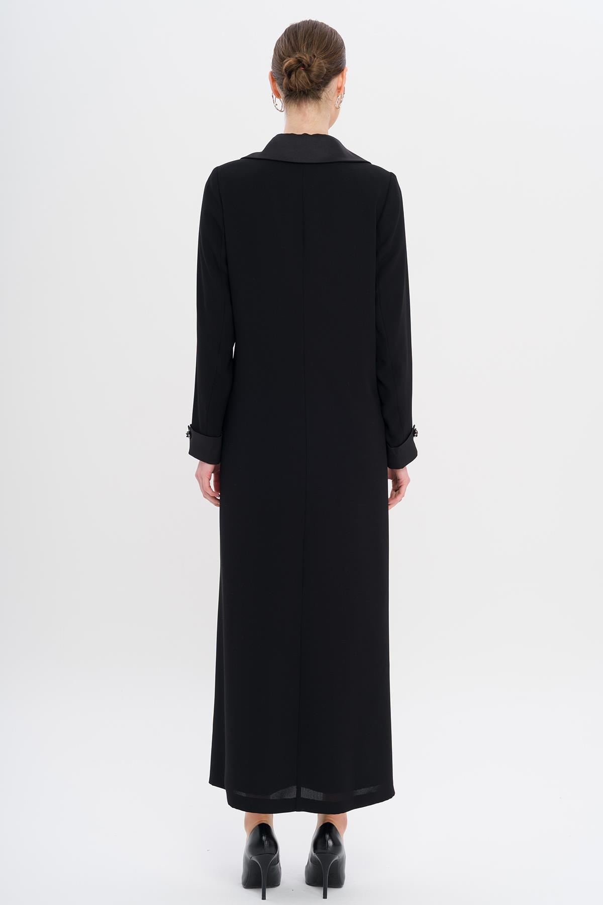 Üst Yakası Saten Garnili Taş Aksesuarlı Astarlı Büyük Beden Pardesü SİYAH 6718