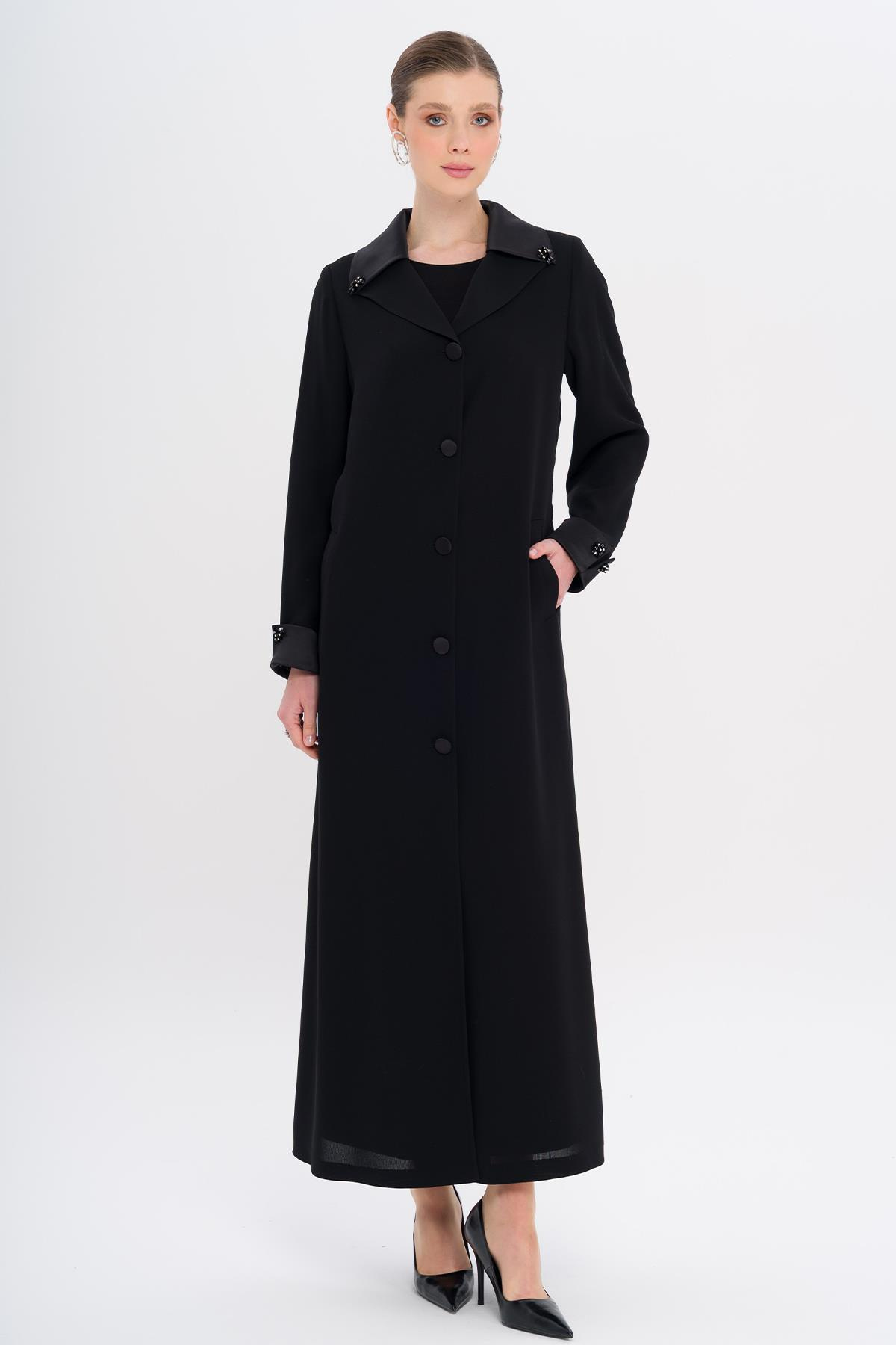 Üst Yakası Saten Garnili Taş Aksesuarlı Astarlı Büyük Beden Pardesü SİYAH 6718