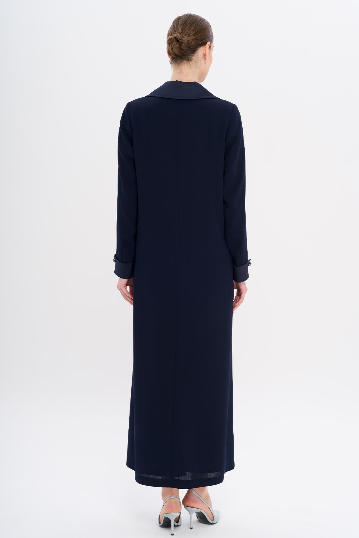 Üst Yakası Saten Garnili Taş Aksesuarlı Astarlı Büyük Beden Pardesü LACİVERT 6718