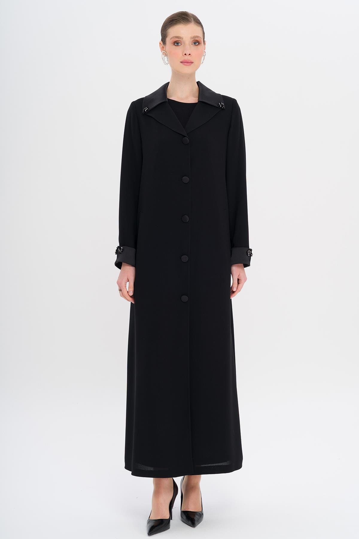 Üst Yakası Saten Garnili Taş Aksesuarlı Astarlı Büyük Beden Pardesü SİYAH 6718