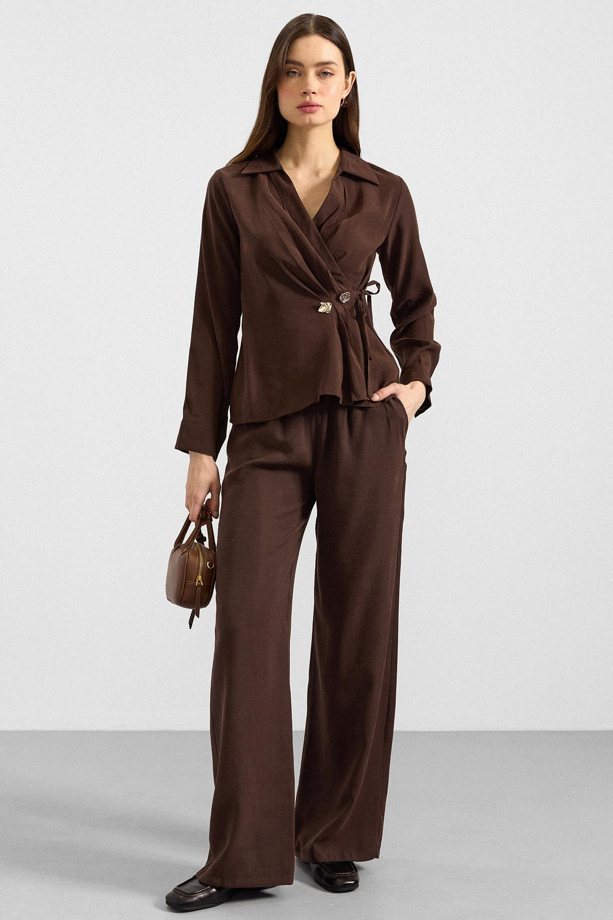 V Yaka Bağlamalı Modal Gömlek KAHVE 9407