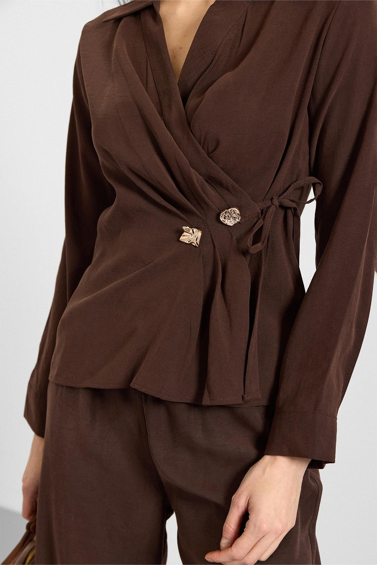 V Yaka Bağlamalı Modal Gömlek KAHVE 9407