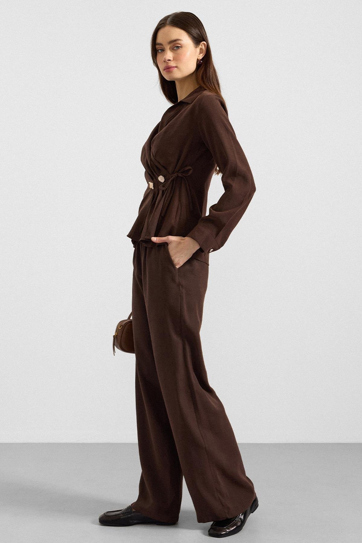 V Yaka Bağlamalı Modal Gömlek KAHVE 9407