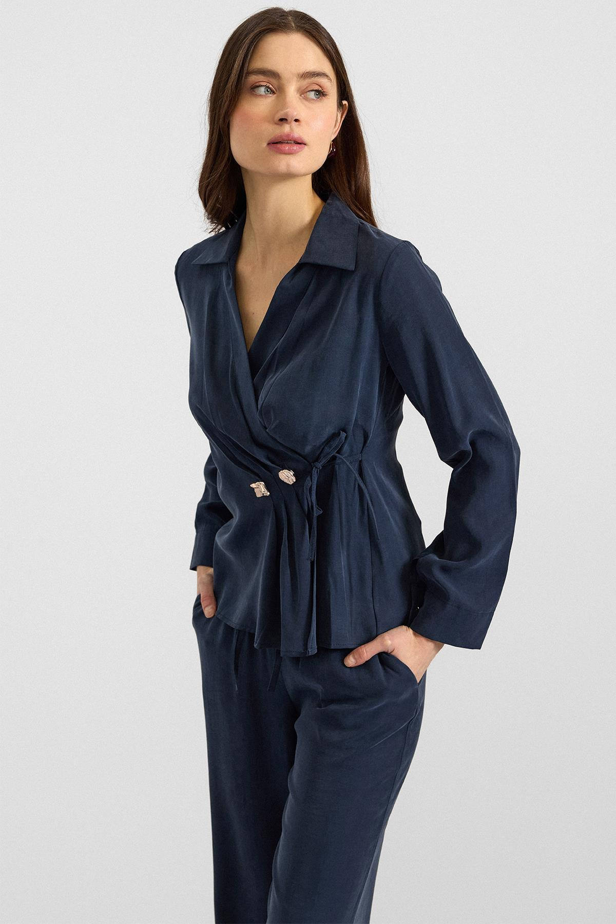 V Yaka Bağlamalı Modal Gömlek LACİVERT 9407