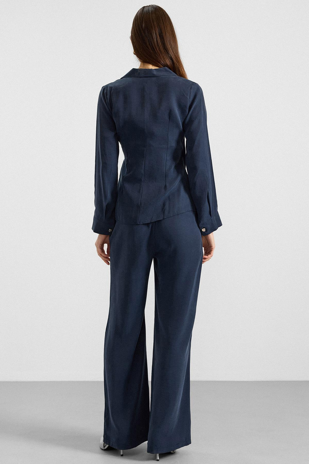 V Yaka Bağlamalı Modal Gömlek LACİVERT 9407