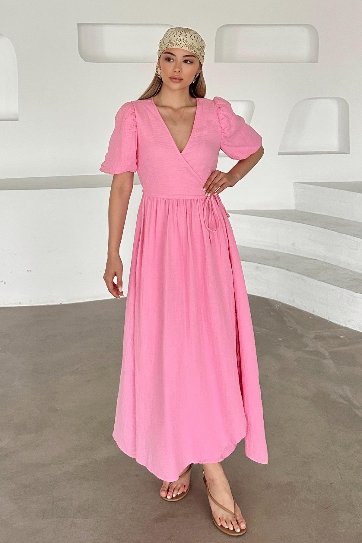 V Yaka Belden Bağlamalı Müslin Elbise PEMBE 9354-E