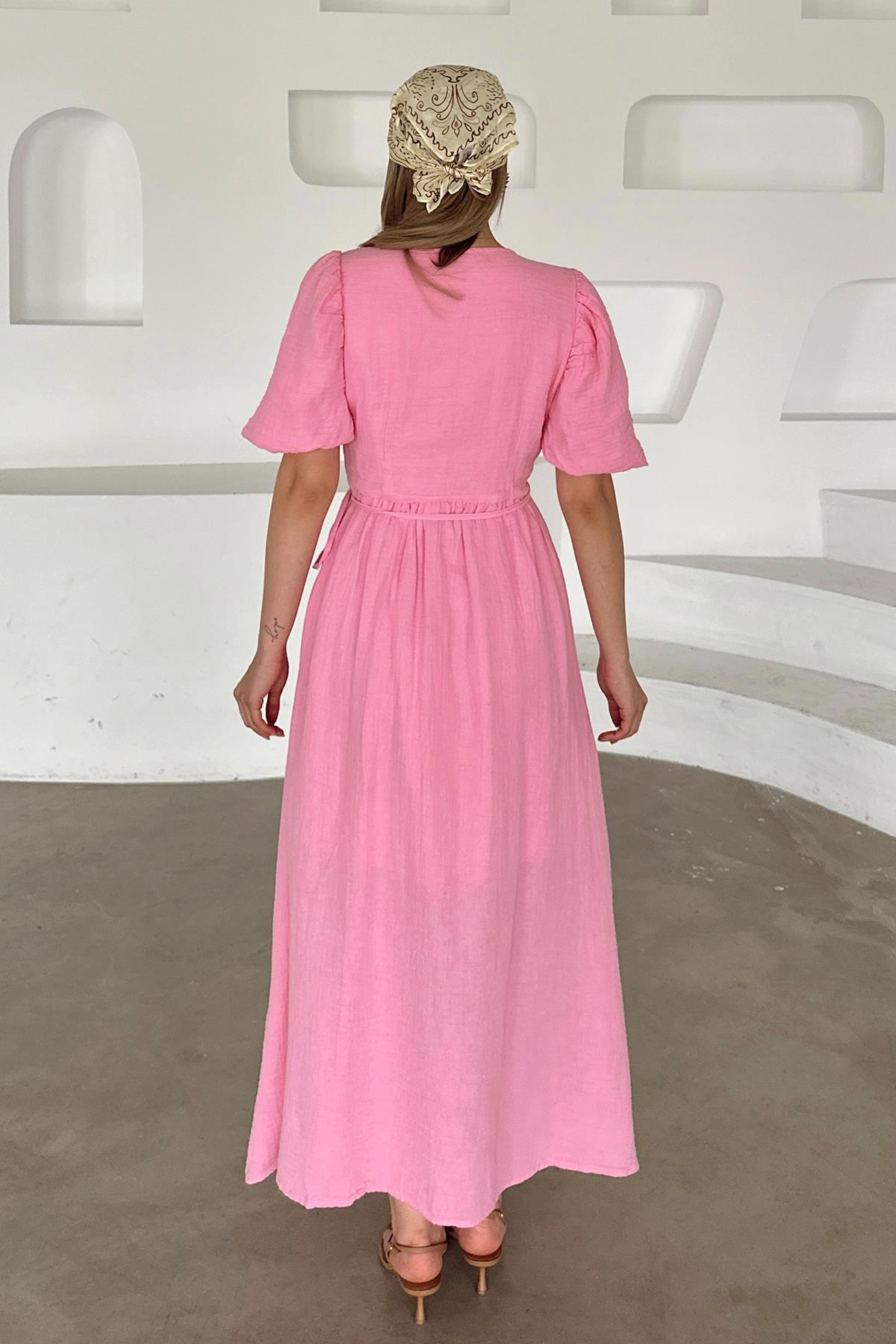 V Yaka Belden Bağlamalı Müslin Elbise PEMBE 9354-E