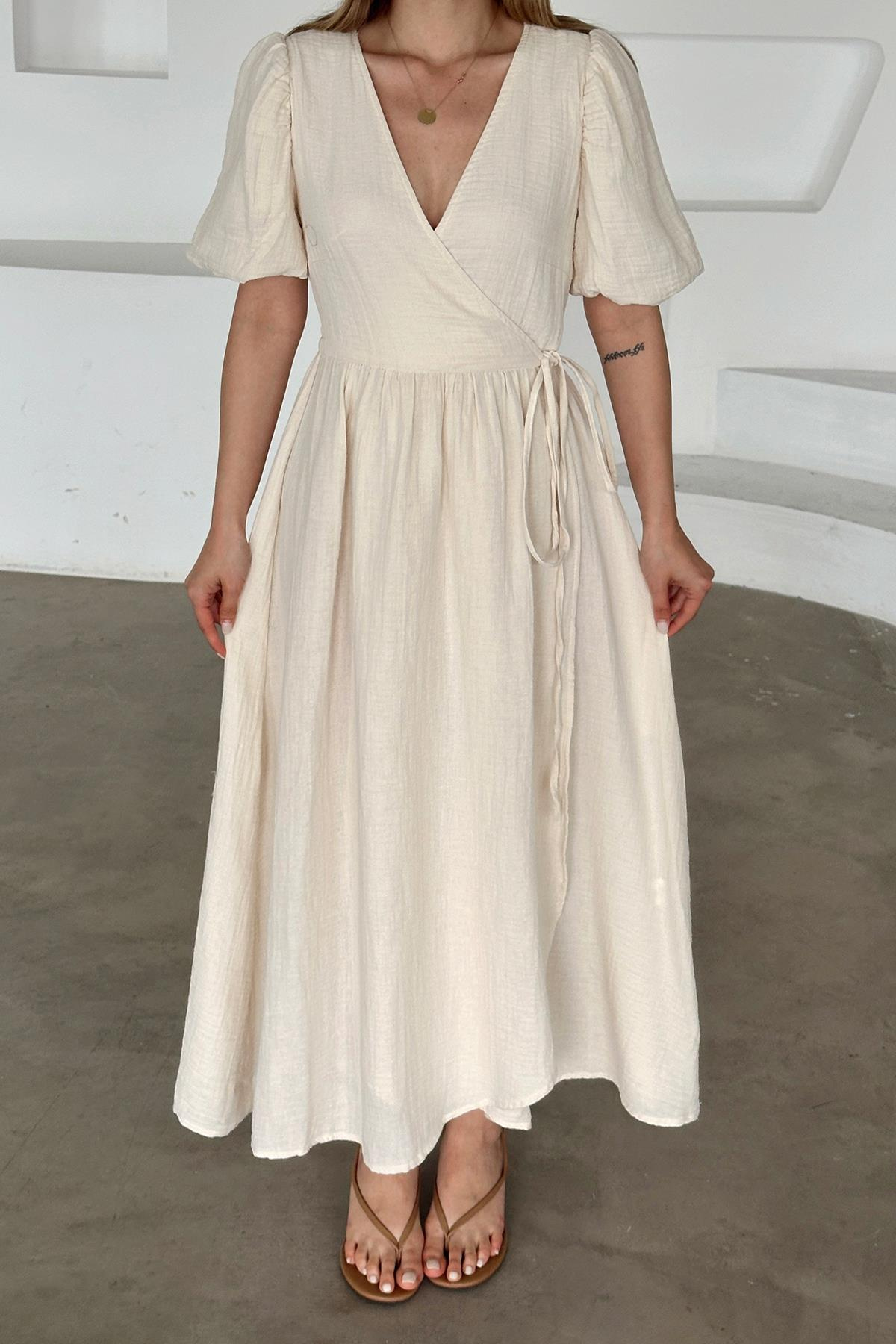 V Yaka Belden Bağlamalı Müslin Elbise BEJ 9354-E
