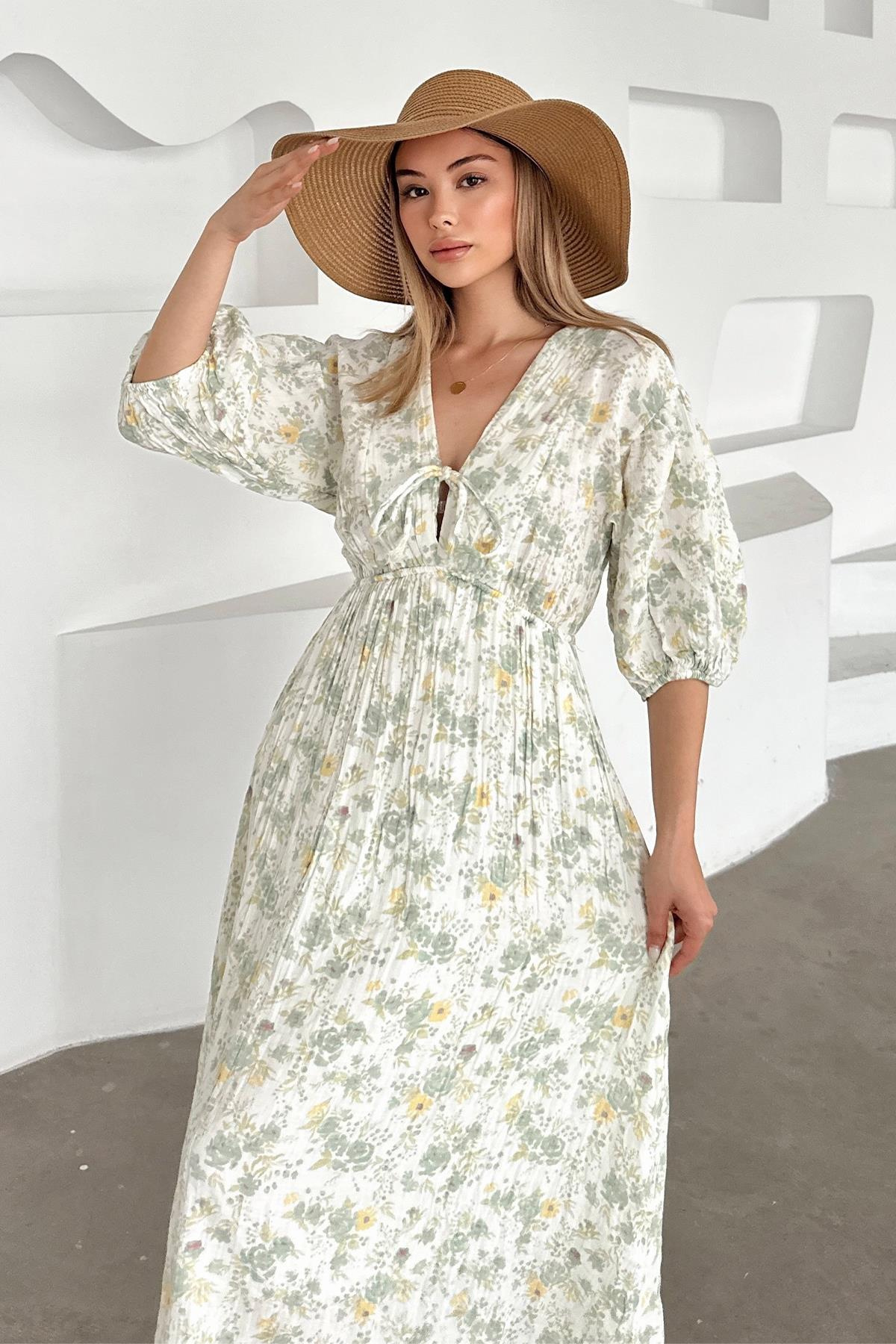 V Yaka Beli Büzgülü Çiçekli Müslin Elbise YEŞİL 9357-E