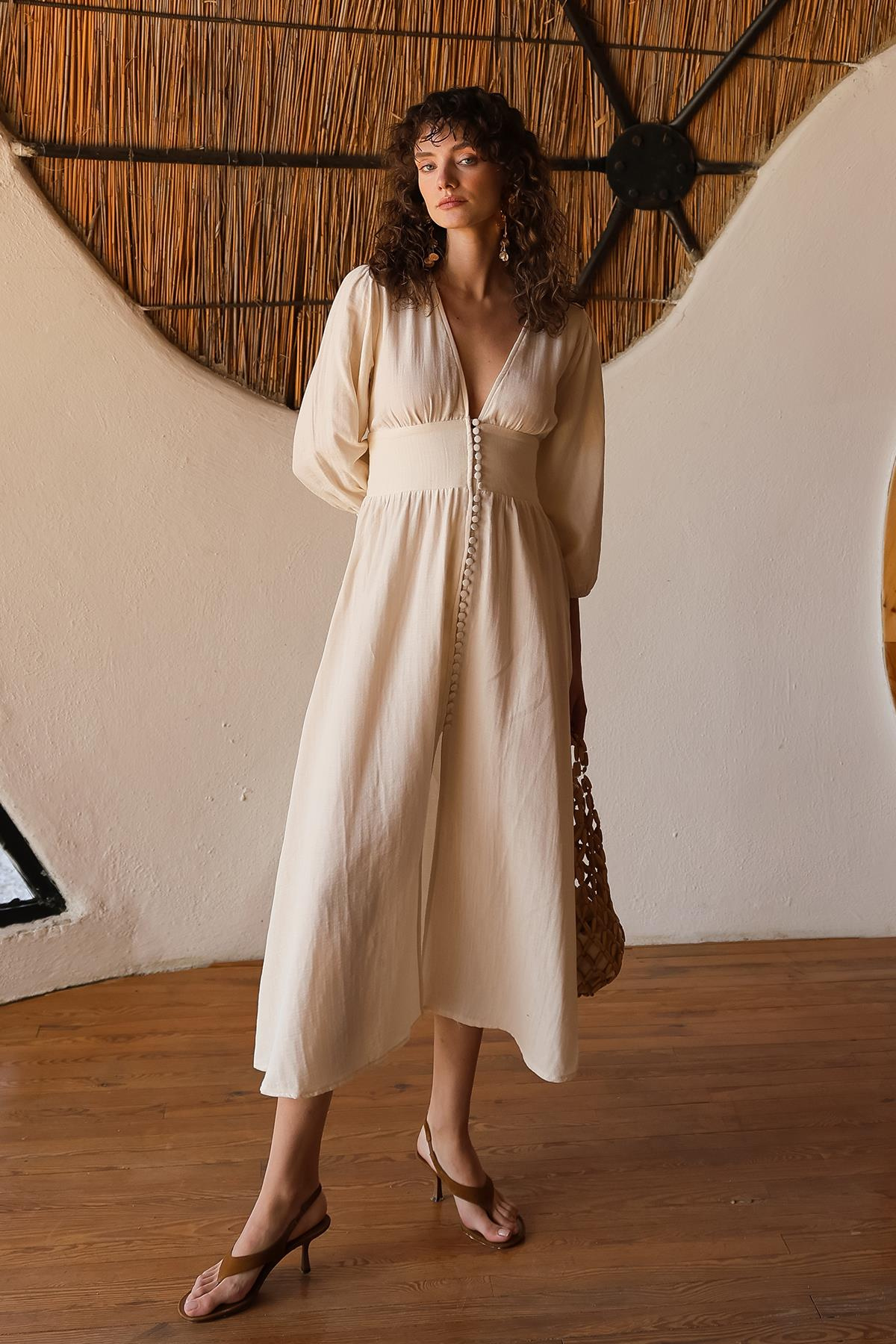 V-Neck Poplin Dress with Crepe Button Detail CREAM 9290-E