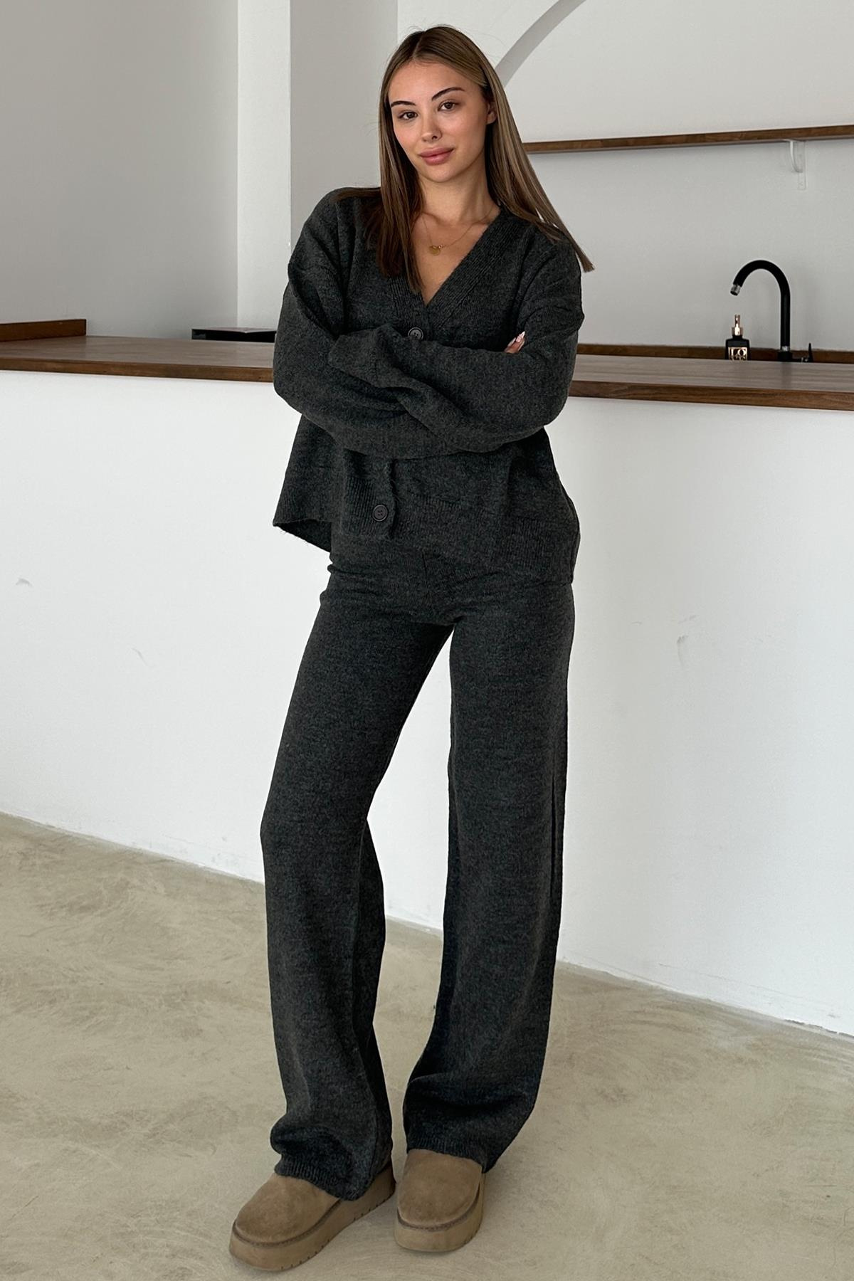 V Yaka Hırka Pantolon Triko Takım ANTRASİT 9368-TK