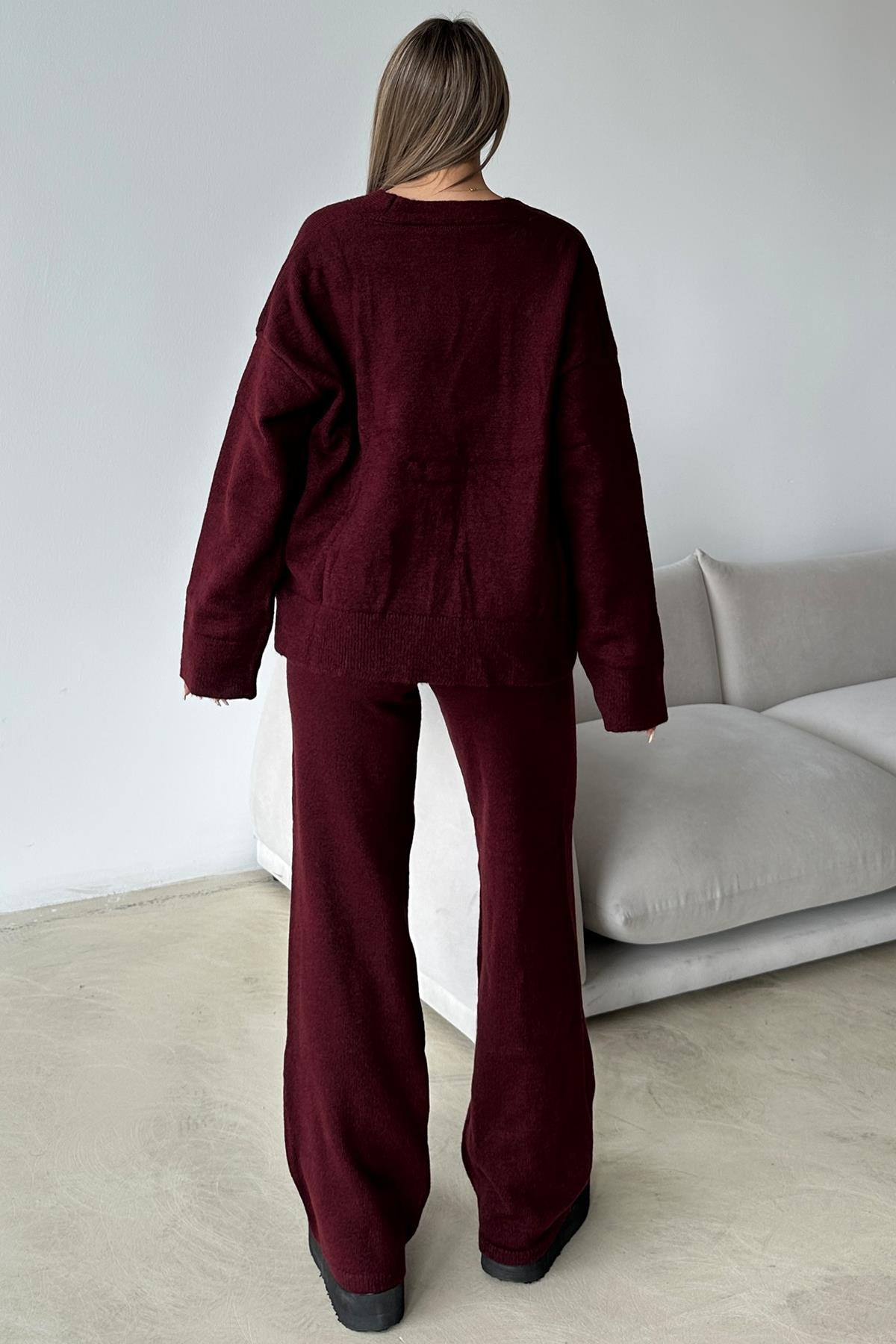 V Yaka Hırka Pantolon Triko Takım BORDO 9368-TK