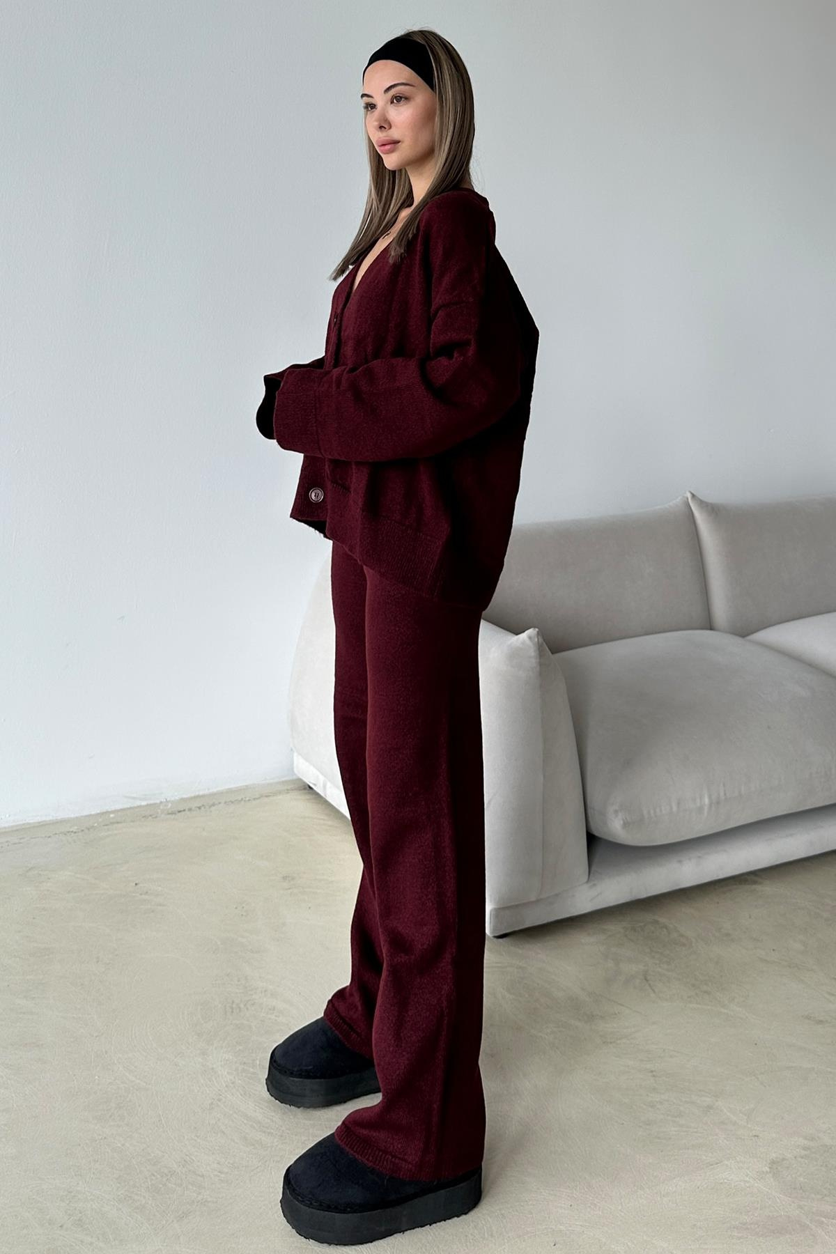 V Yaka Hırka Pantolon Triko Takım BORDO 9368-TK