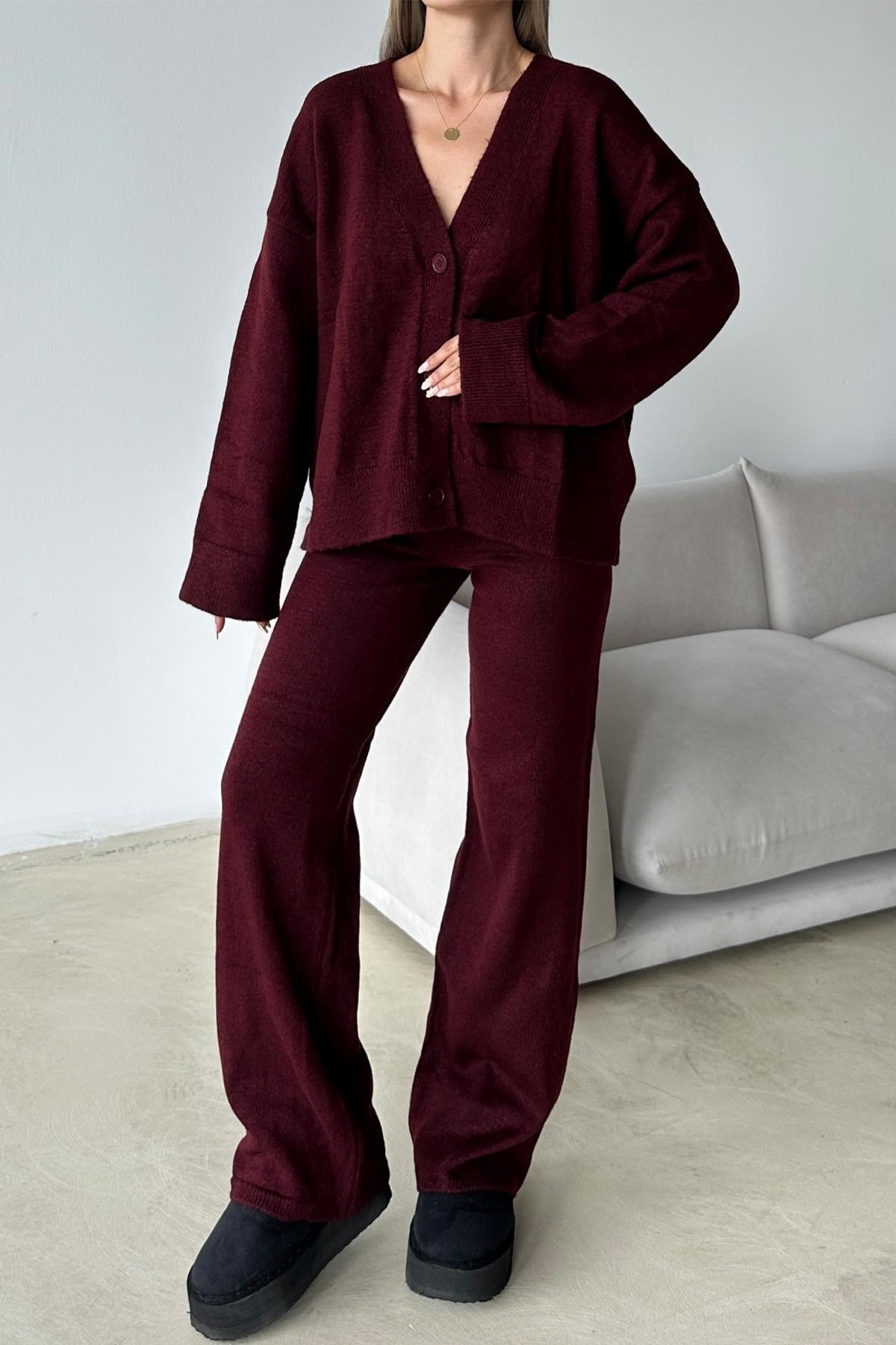 V Yaka Hırka Pantolon Triko Takım BORDO 9368-TK