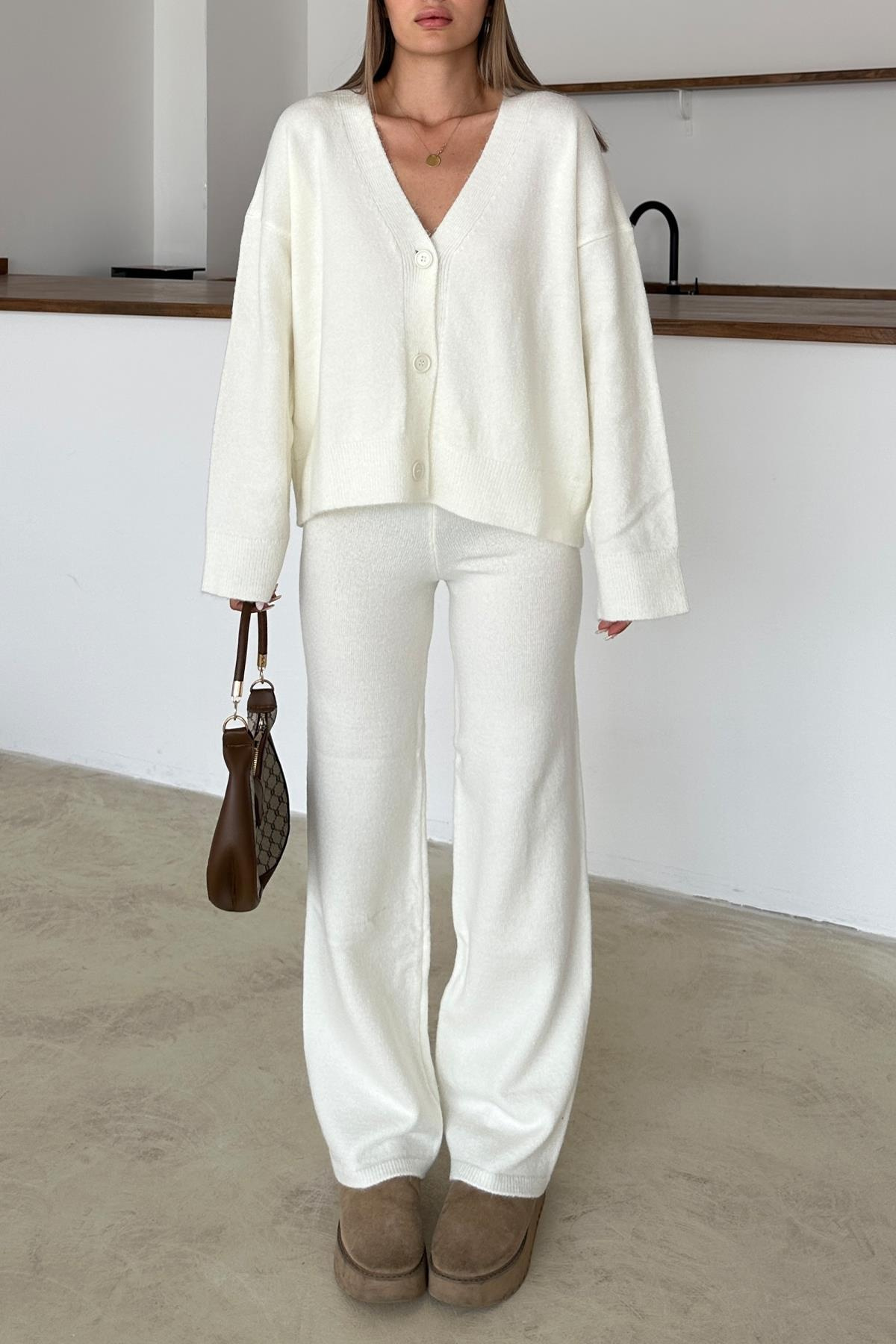 V Yaka Hırka Pantolon Triko Takım EKRU 9368-TK