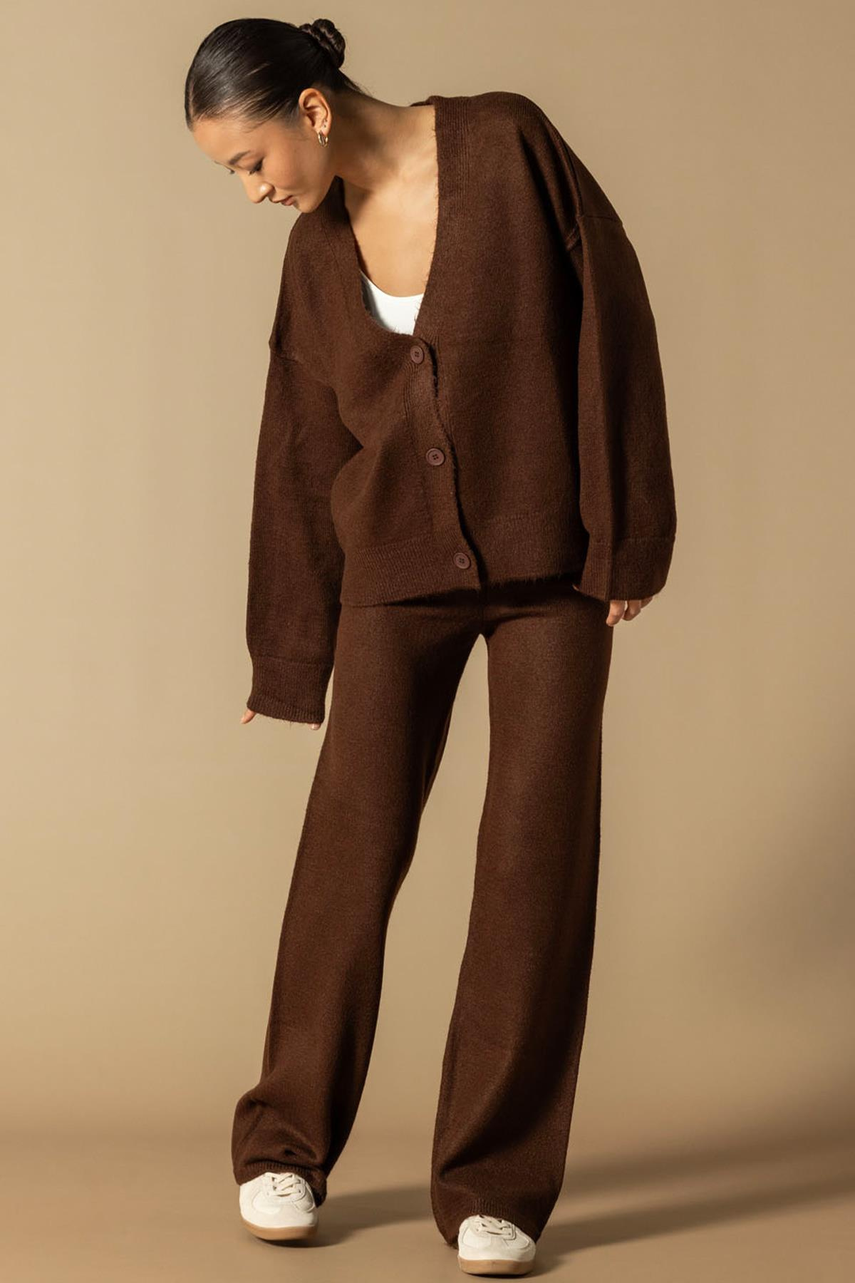 V Yaka Hırka Pantolon Triko Takım KAHVE 9368-TK