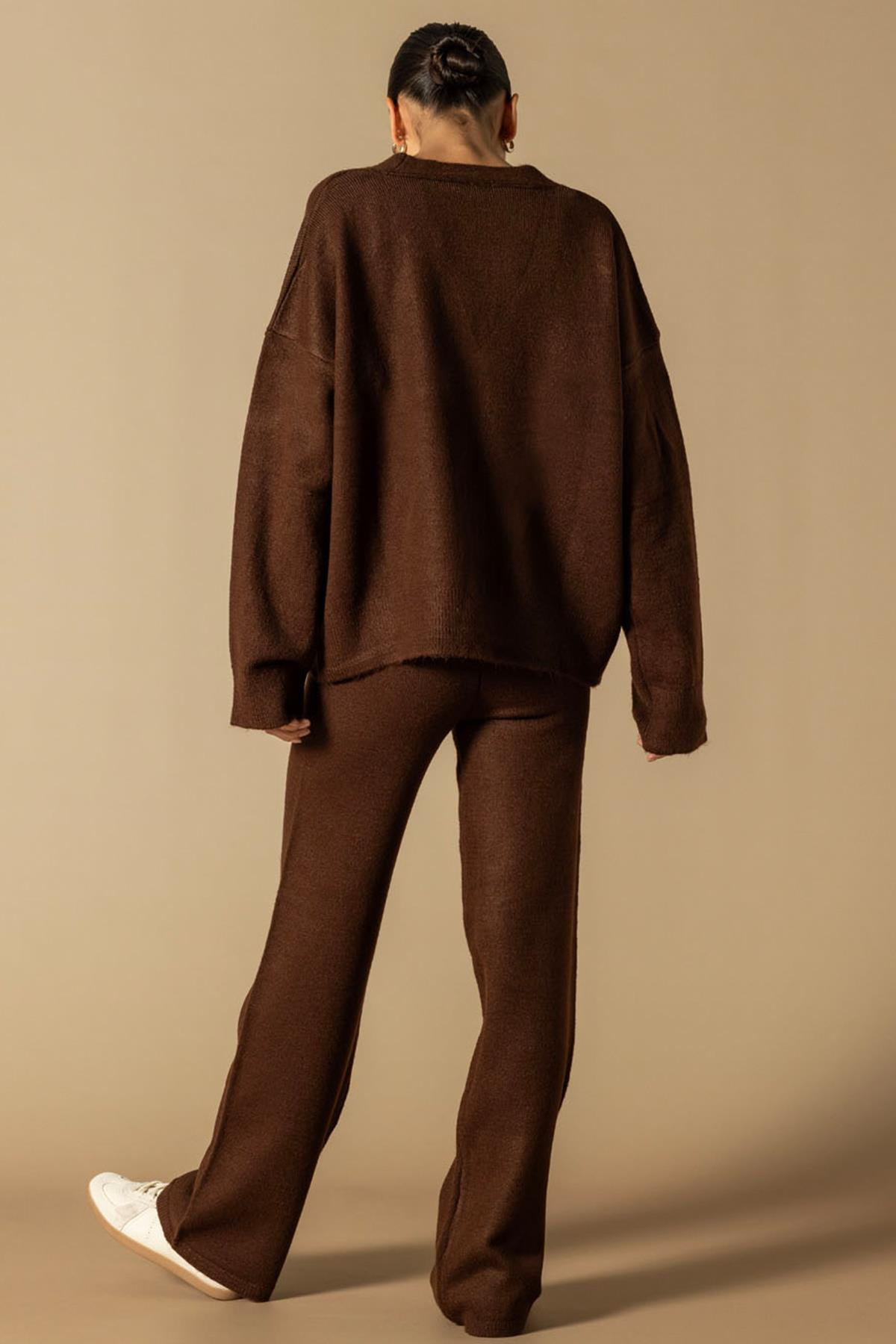 V Yaka Hırka Pantolon Triko Takım KAHVE 9368-TK