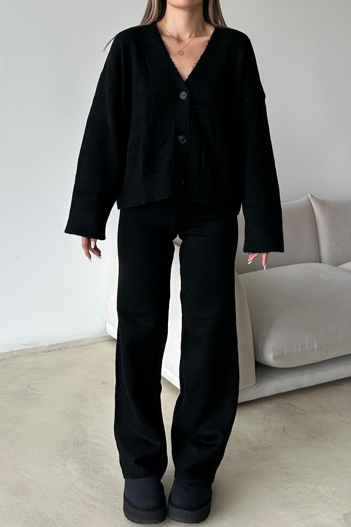 V Yaka Hırka Pantolon Triko Takım SİYAH 9368-TK