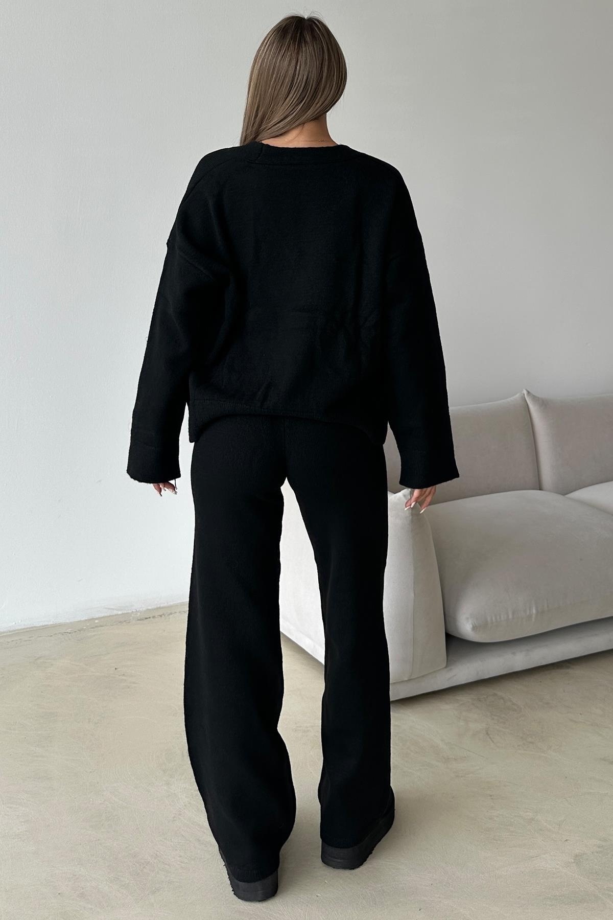 V Yaka Hırka Pantolon Triko Takım SİYAH 9368-TK