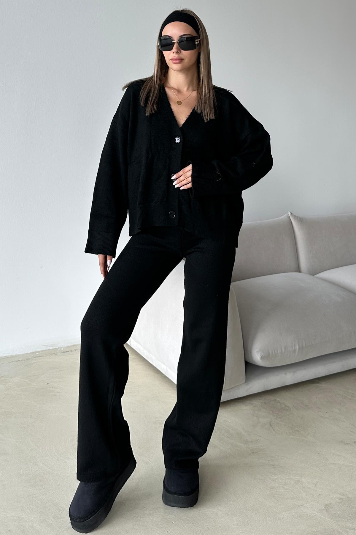 V Yaka Hırka Pantolon Triko Takım SİYAH 9368-TK