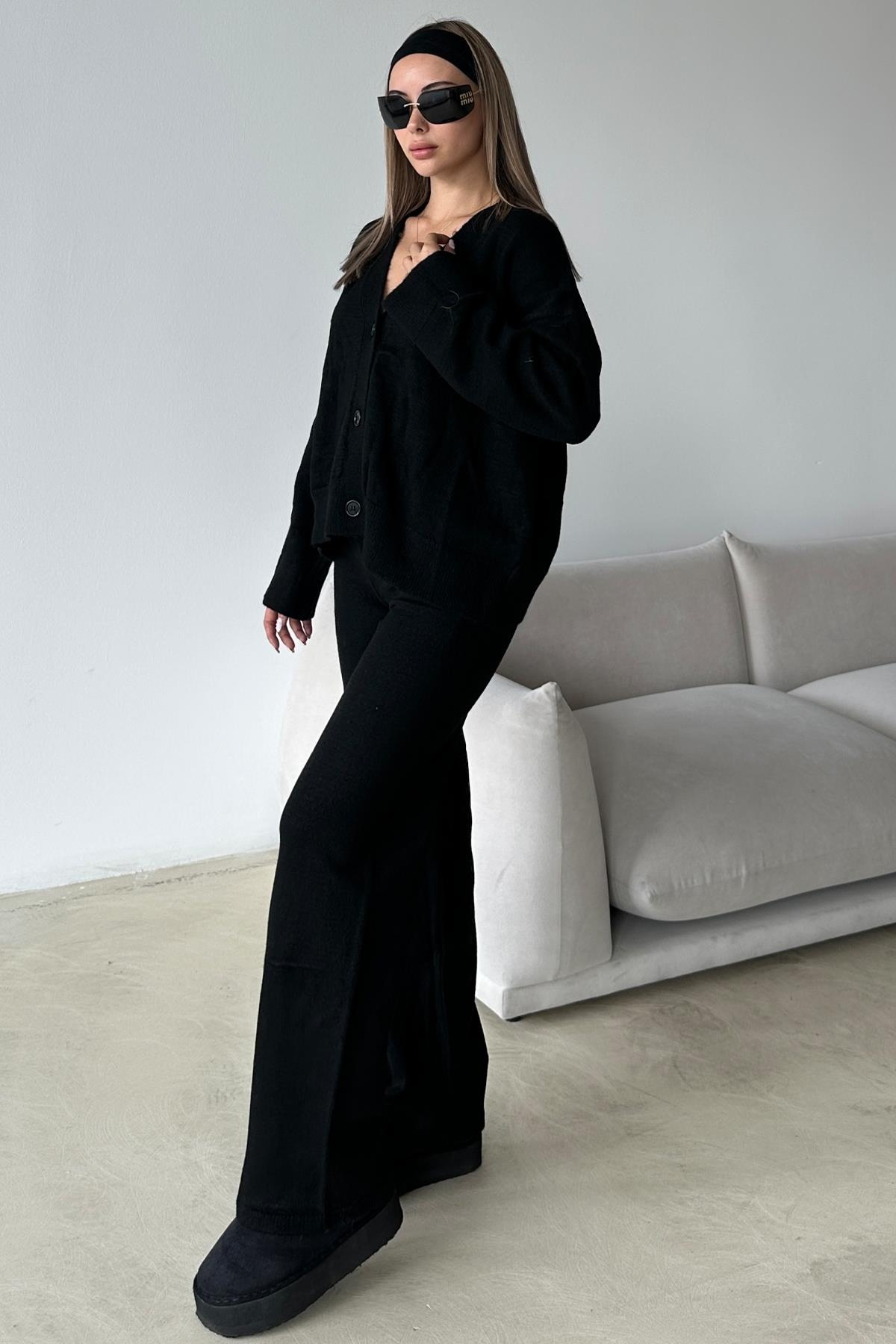 V Yaka Hırka Pantolon Triko Takım SİYAH 9368-TK