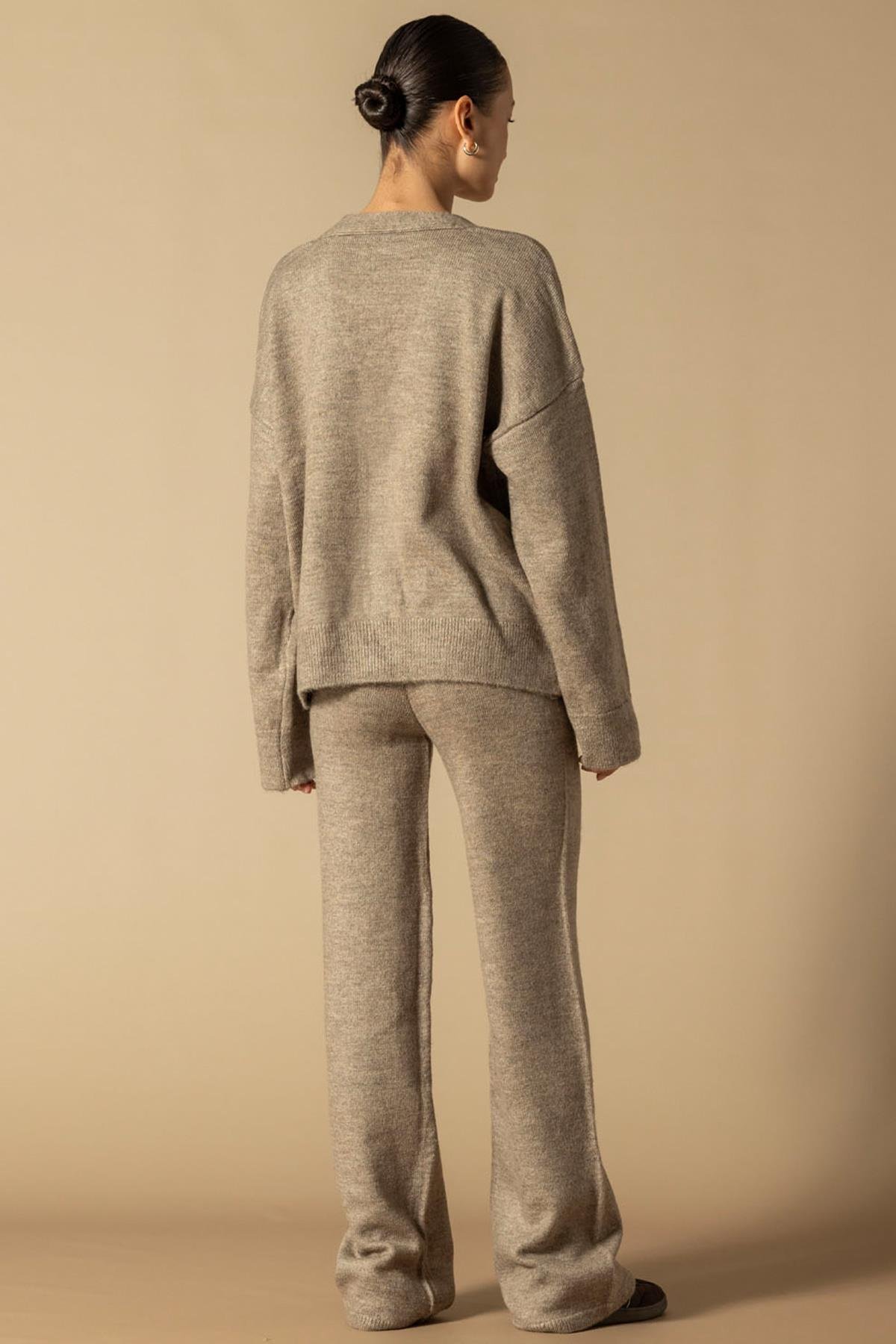 V Yaka Hırka Pantolon Triko Takım VİZON 9368-TK