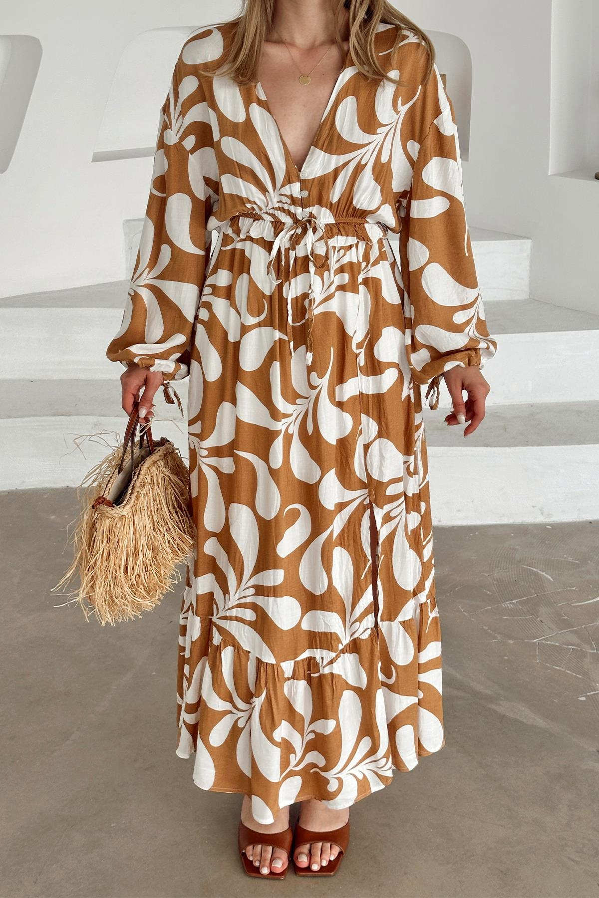 V Yaka Yırtmaç Detaylı Desenli Elbise KAMEL 9350-E