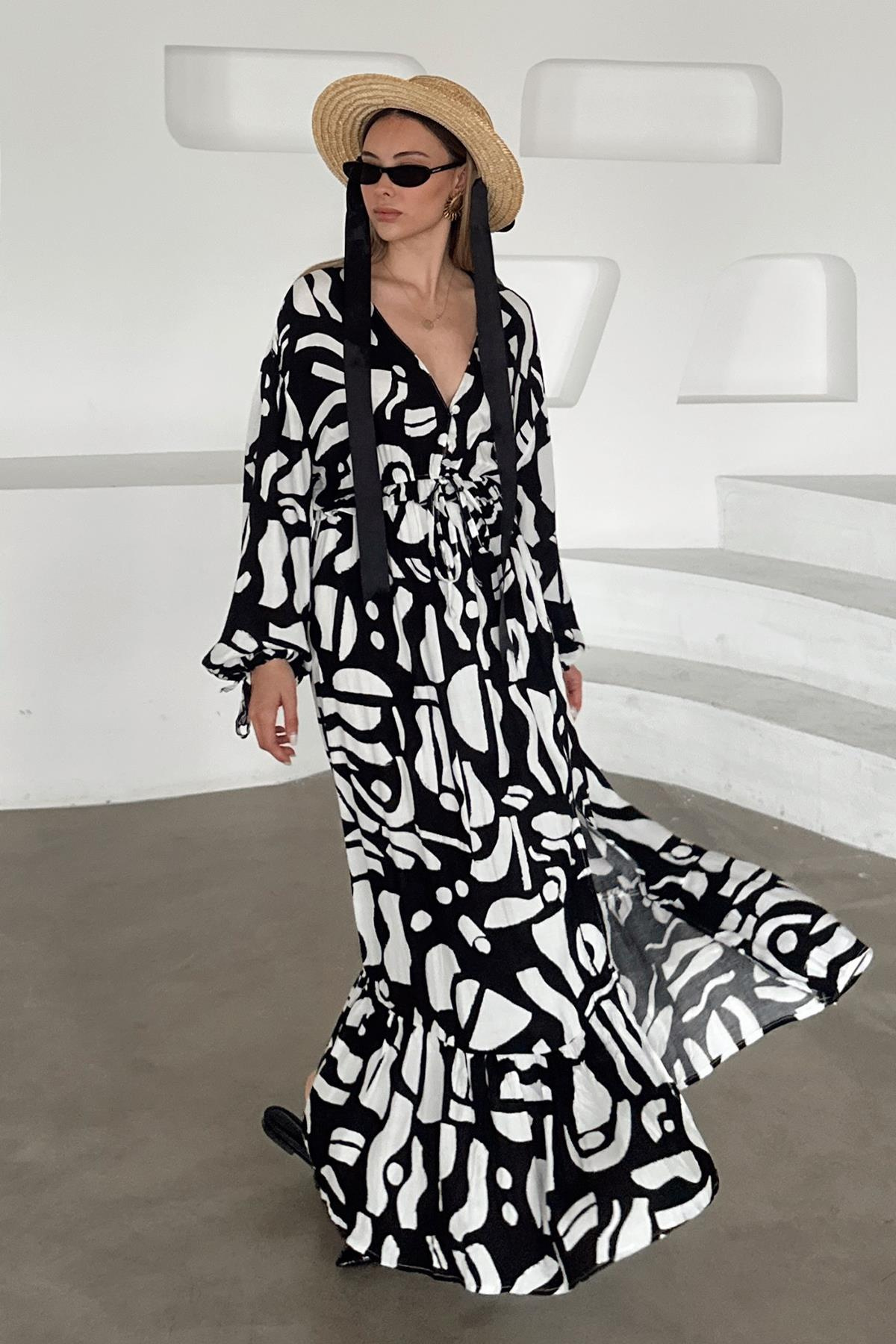 V-Neck Slit Detail Patterned Dress BLACK 9350-E