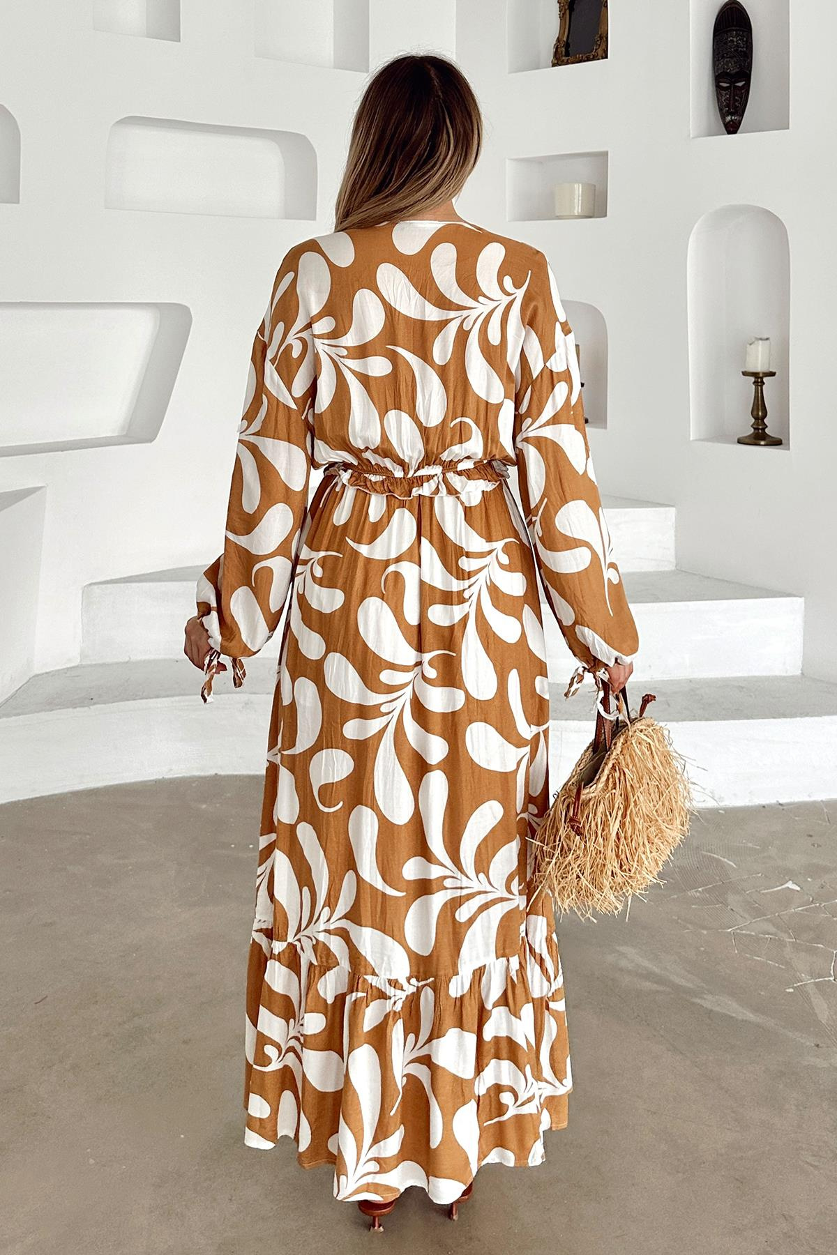 V Yaka Yırtmaç Detaylı Desenli Elbise KAMEL 9350-E