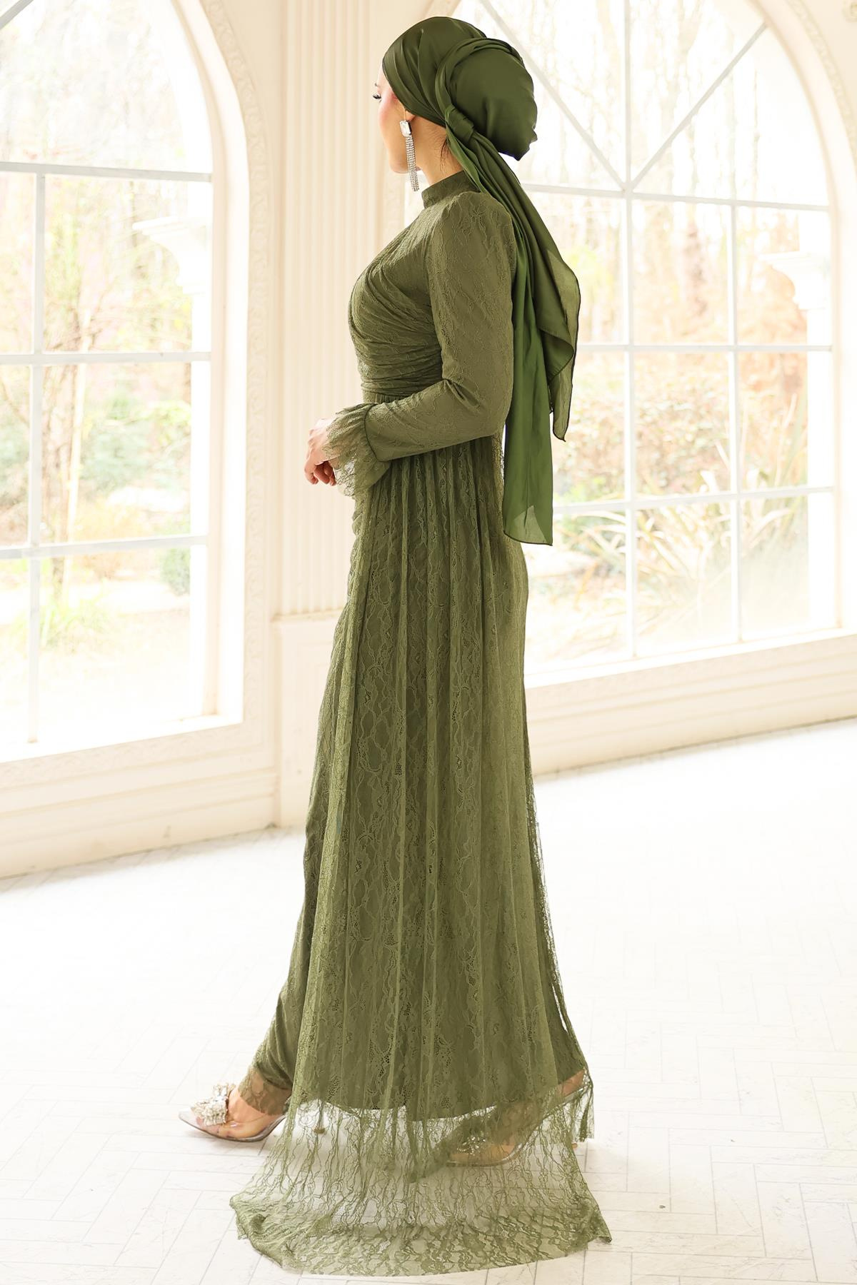 Volan Detaylı Dantel Tesettür Abiye Elbise YEŞİL 1251