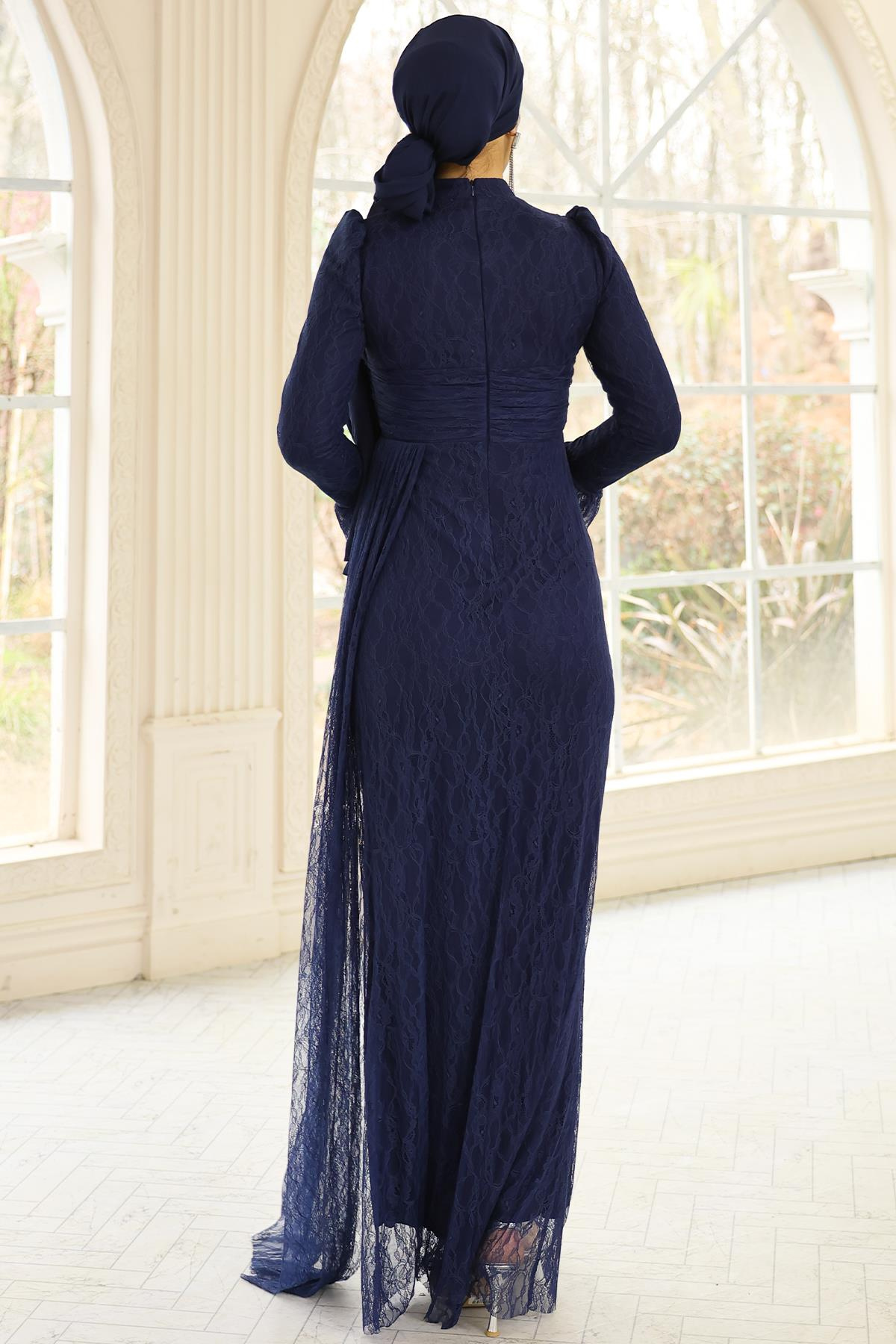 Volan Detaylı Dantel Tesettür Abiye Elbise LACİVERT 1251