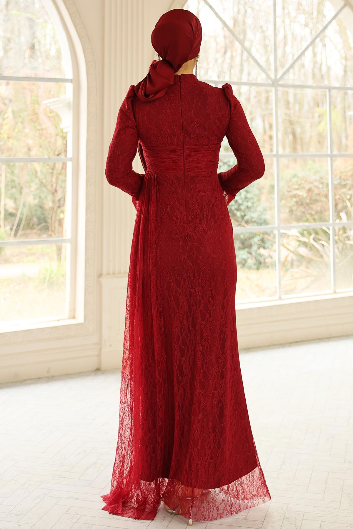 Volan Detaylı Dantel Tesettür Abiye Elbise BORDO 1251