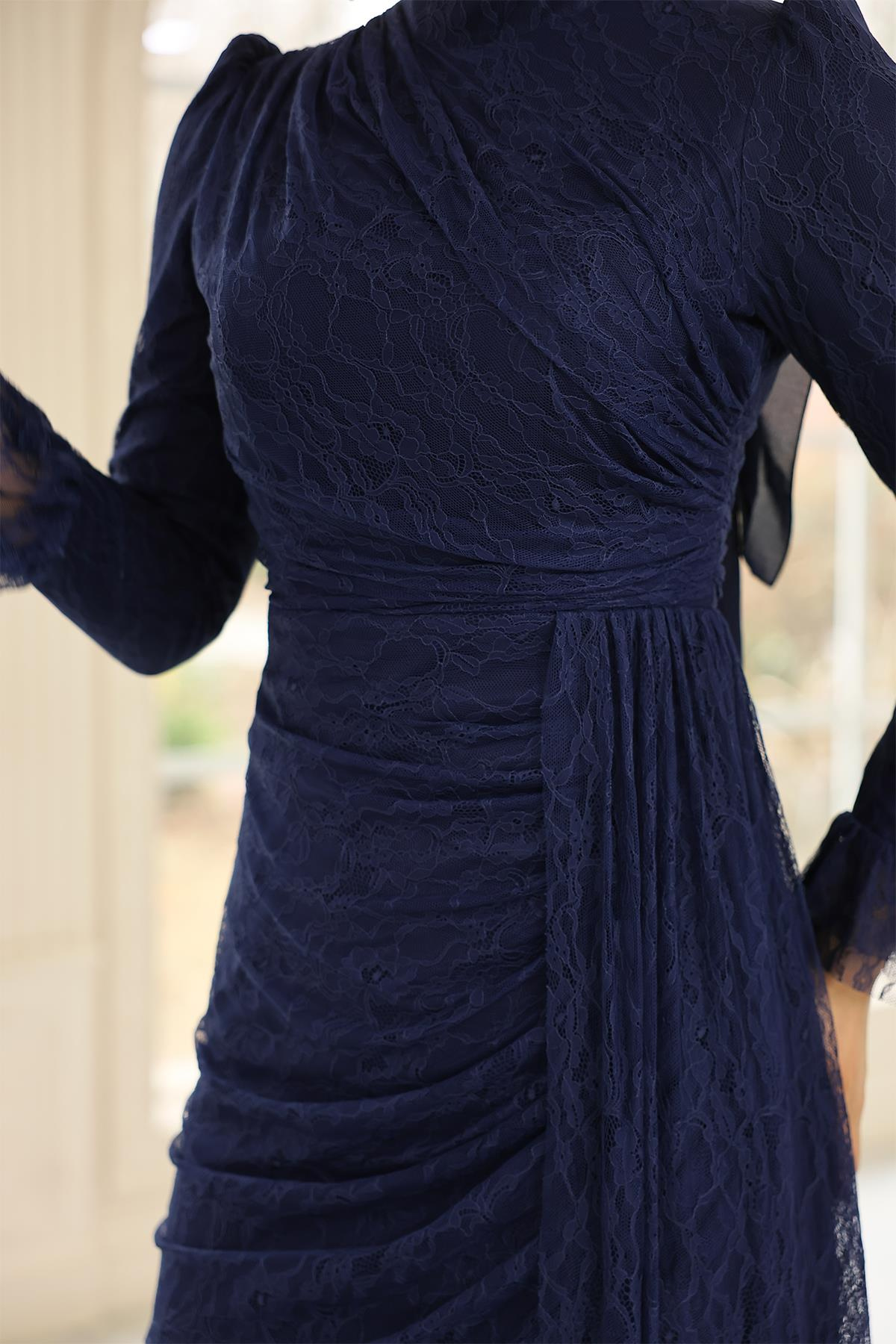 Volan Detaylı Dantel Tesettür Abiye Elbise LACİVERT 1251