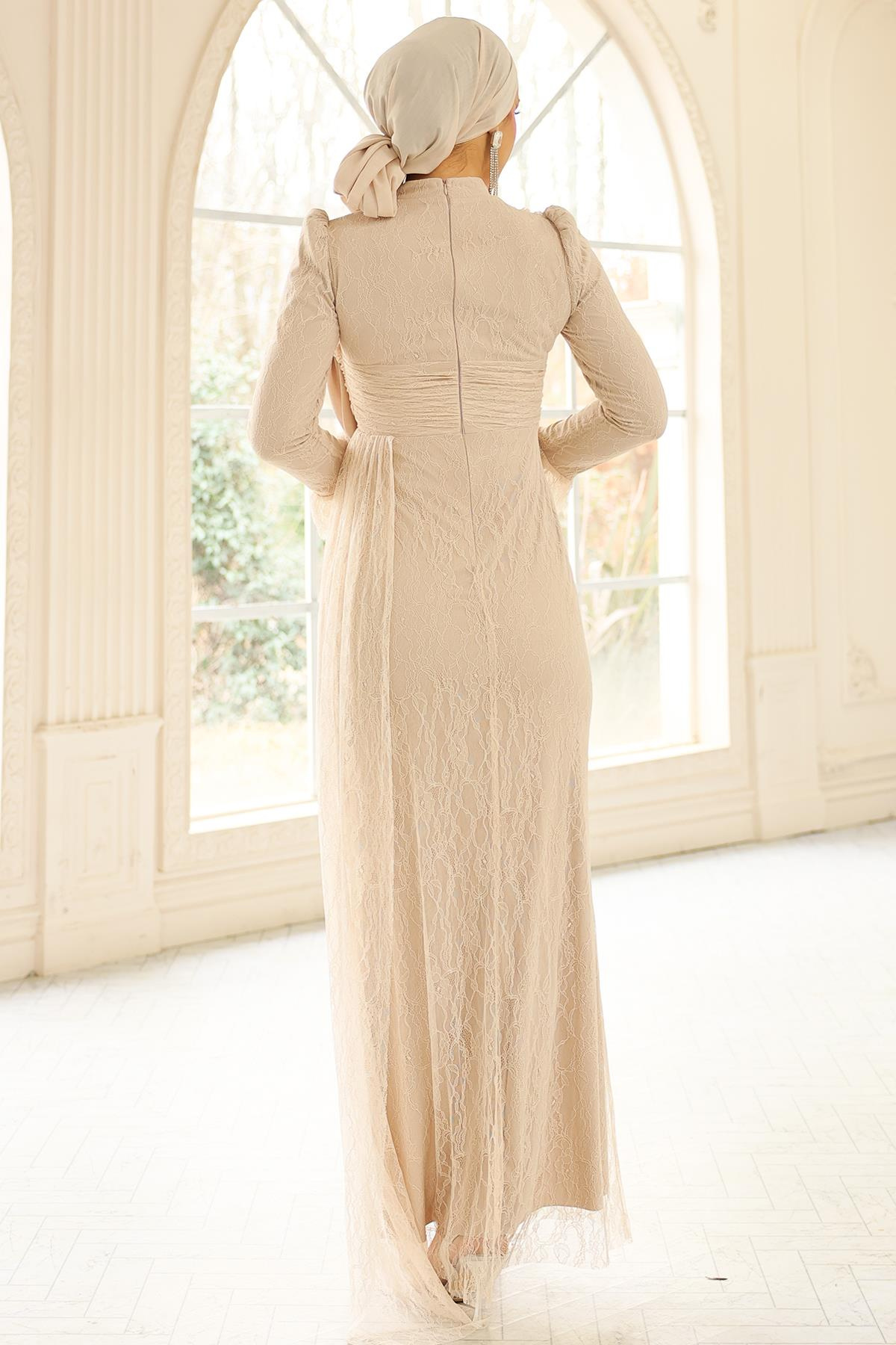 Volan Detaylı Dantel Tesettür Abiye Elbise KREM 1251