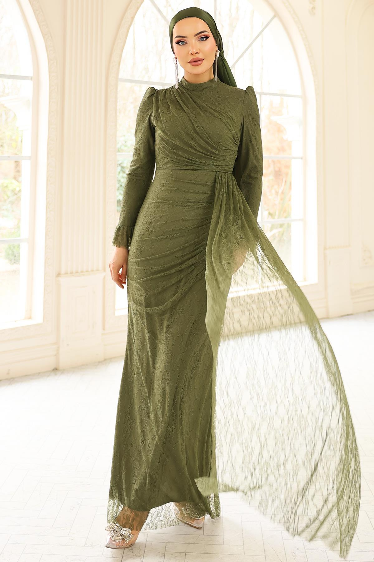 Volan Detaylı Dantel Tesettür Abiye Elbise YEŞİL 1251