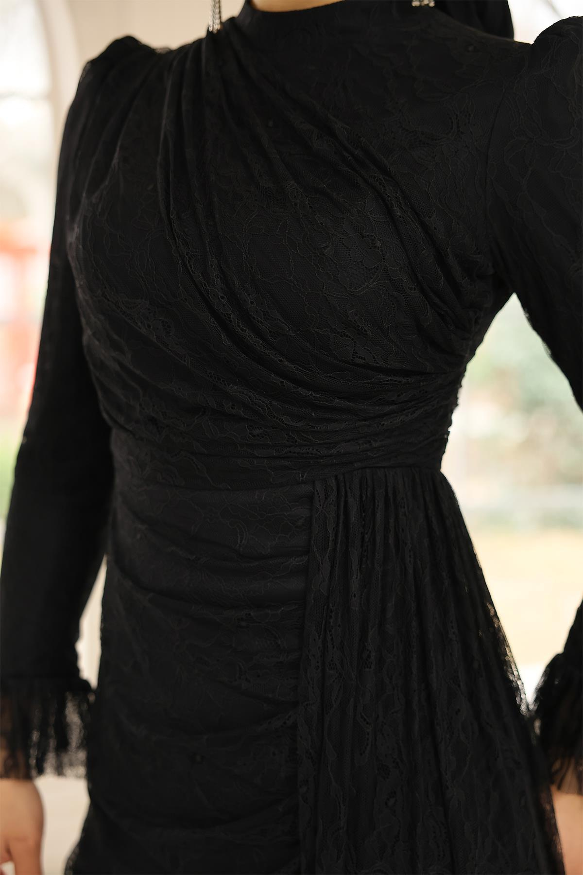 Volan Detaylı Dantel Tesettür Abiye Elbise SİYAH 1251