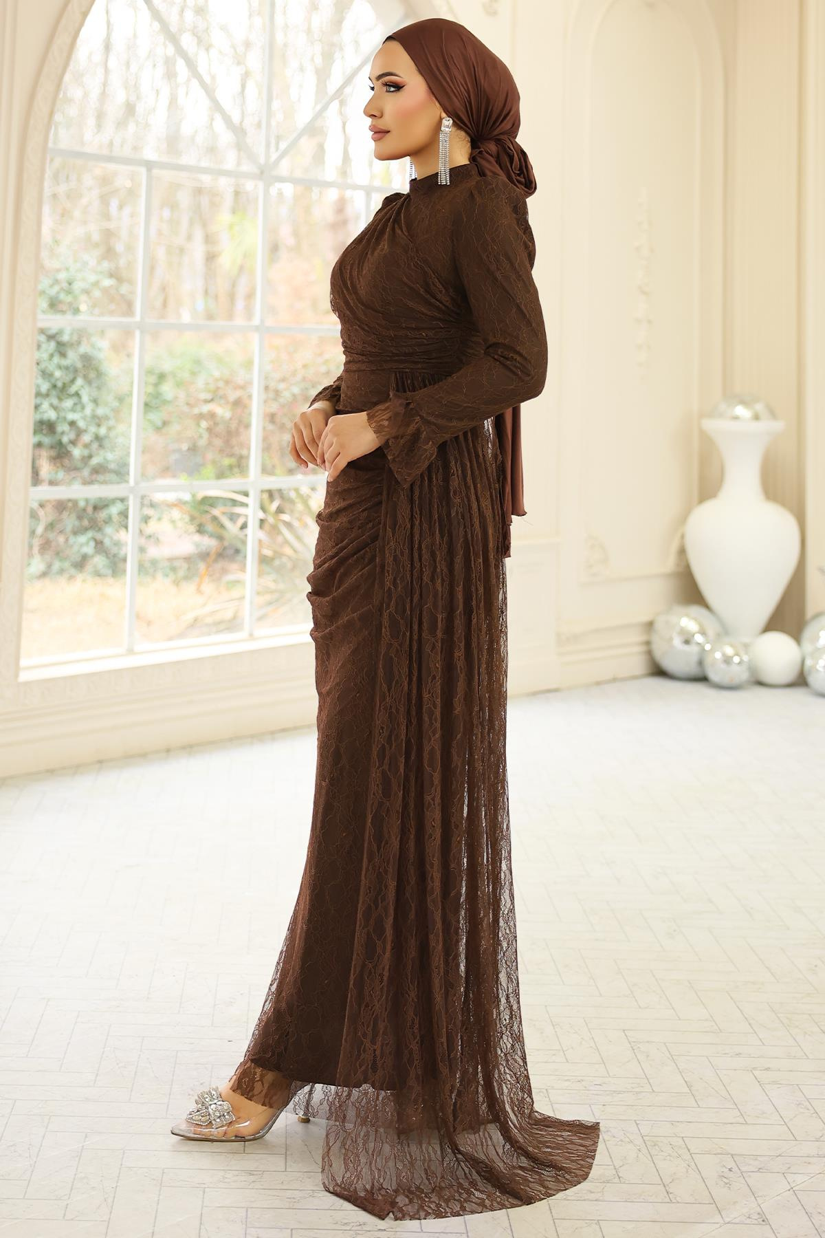 Volan Detaylı Dantel Tesettür Abiye Elbise KAHVE 1251