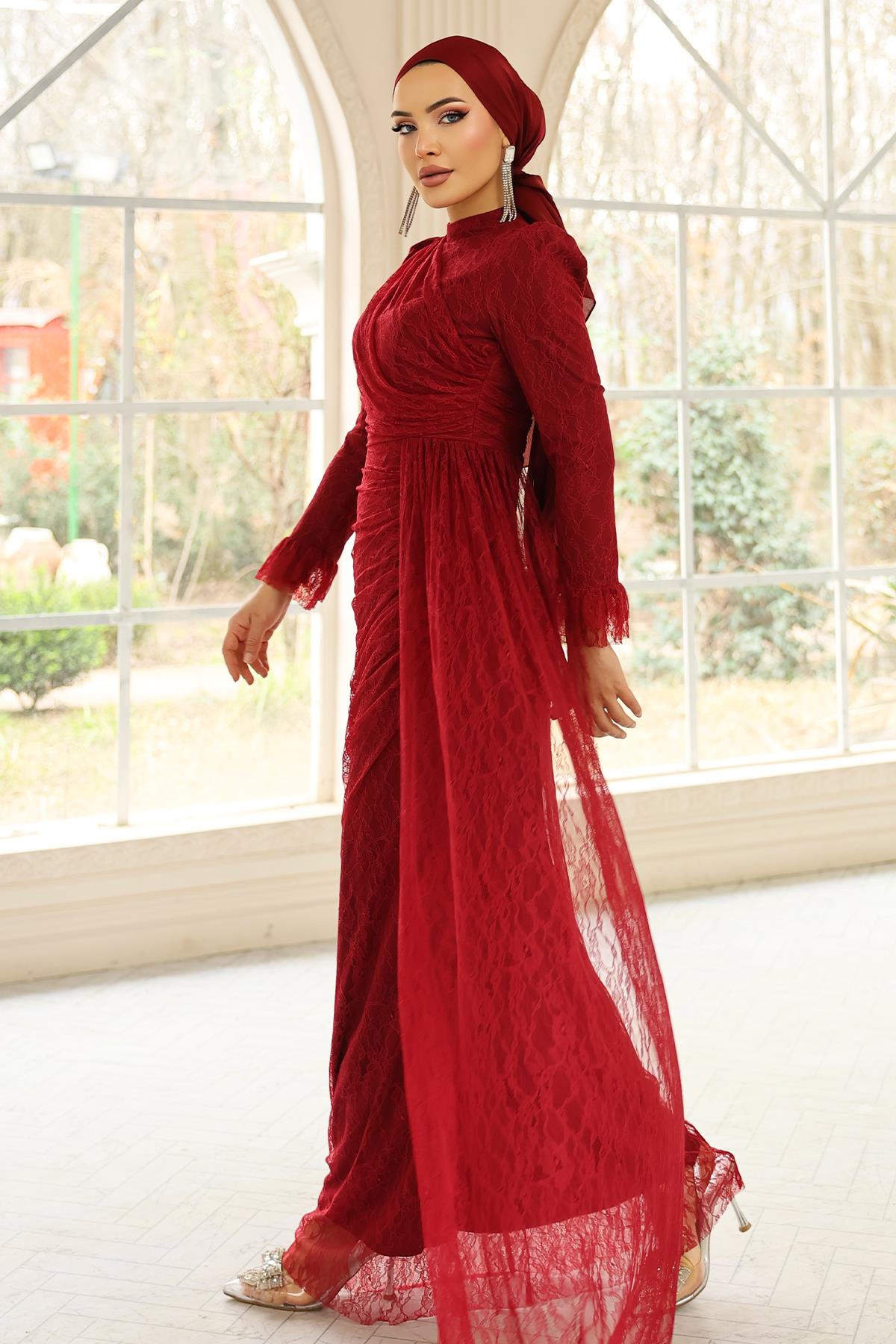 Volan Detaylı Dantel Tesettür Abiye Elbise BORDO 1251