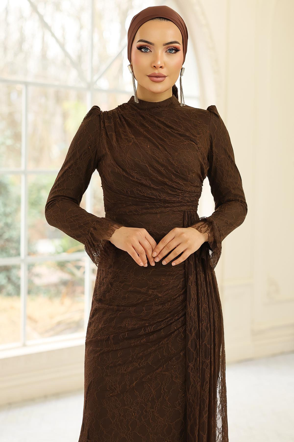 Volan Detaylı Dantel Tesettür Abiye Elbise KAHVE 1251