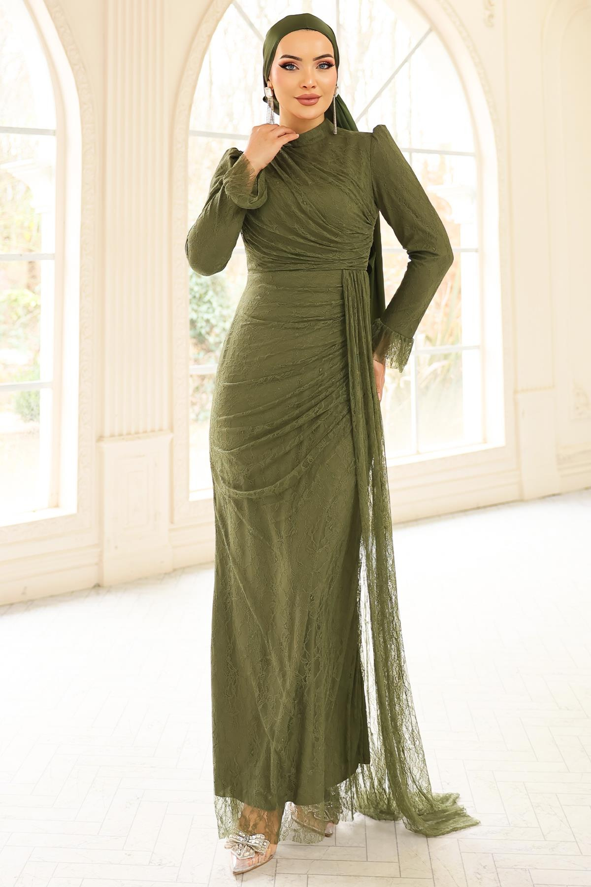 Volan Detaylı Dantel Tesettür Abiye Elbise YEŞİL 1251