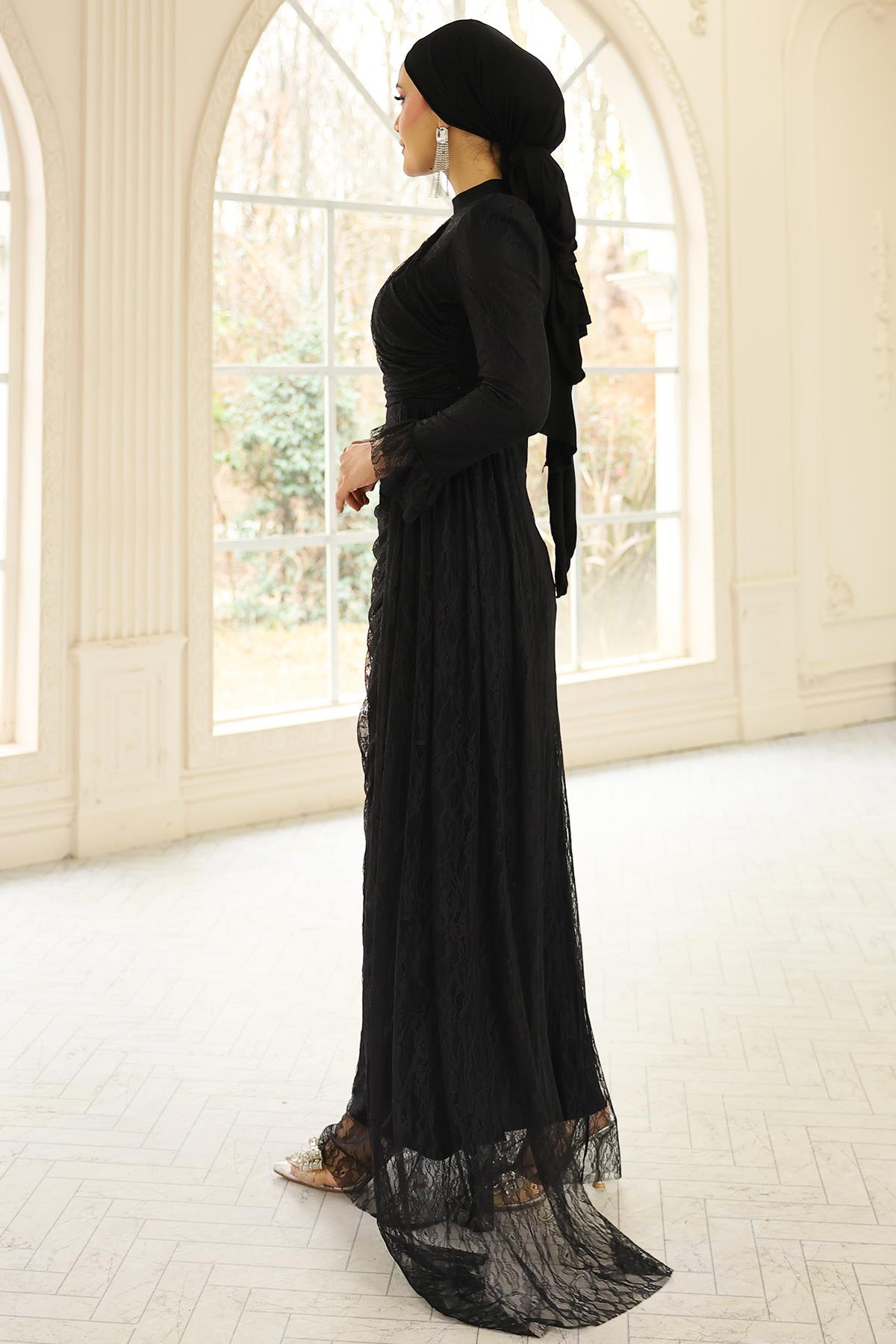 Volan Detaylı Dantel Tesettür Abiye Elbise SİYAH 1251