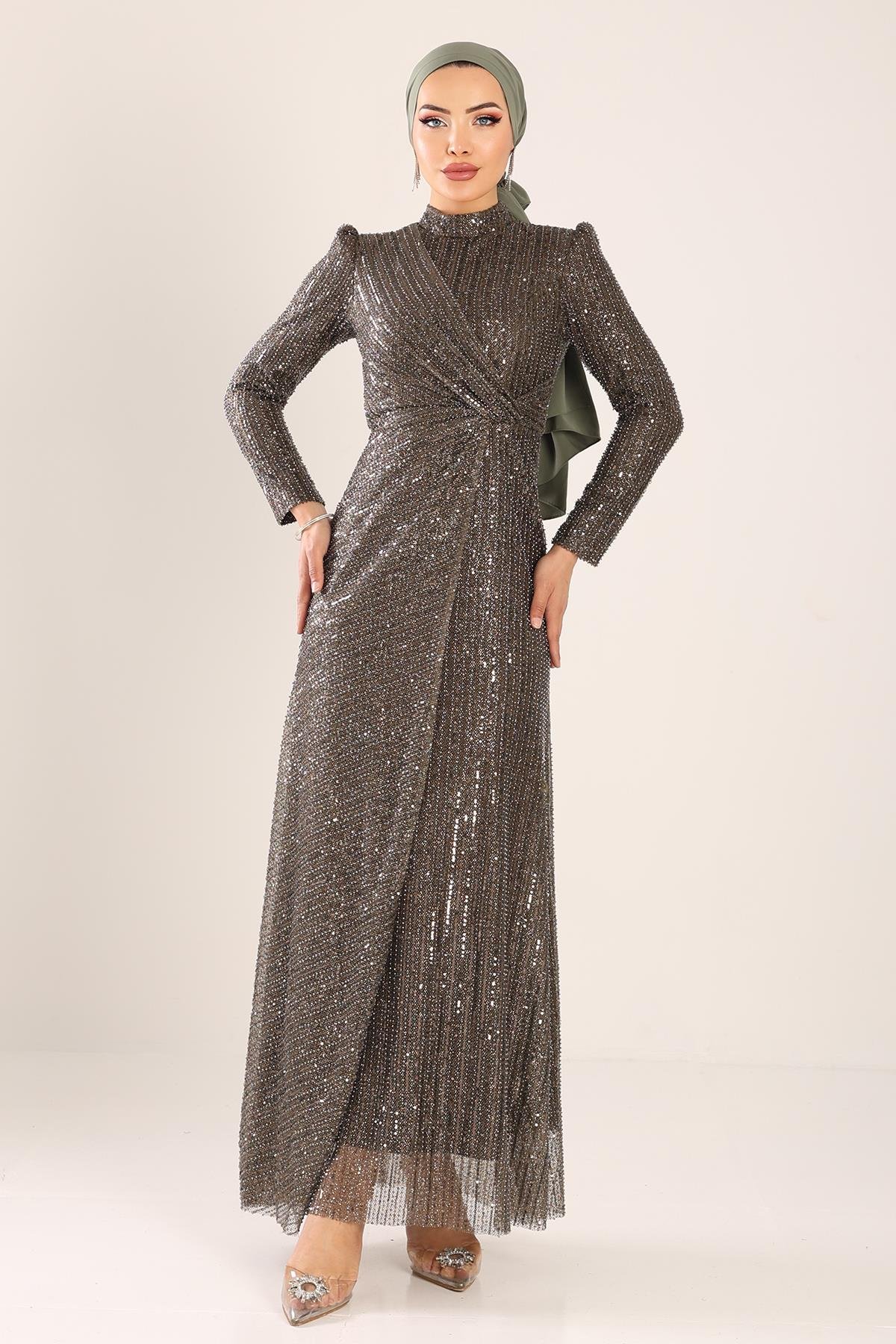فستان سهرة حجابي مزين بالترتر مع تفاصيل كشكشة قهوة 1677
