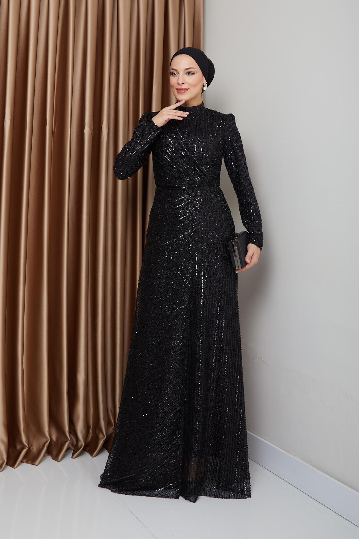 Sequined Hijab Evening Dress with Flounce Detail BLACK 1677