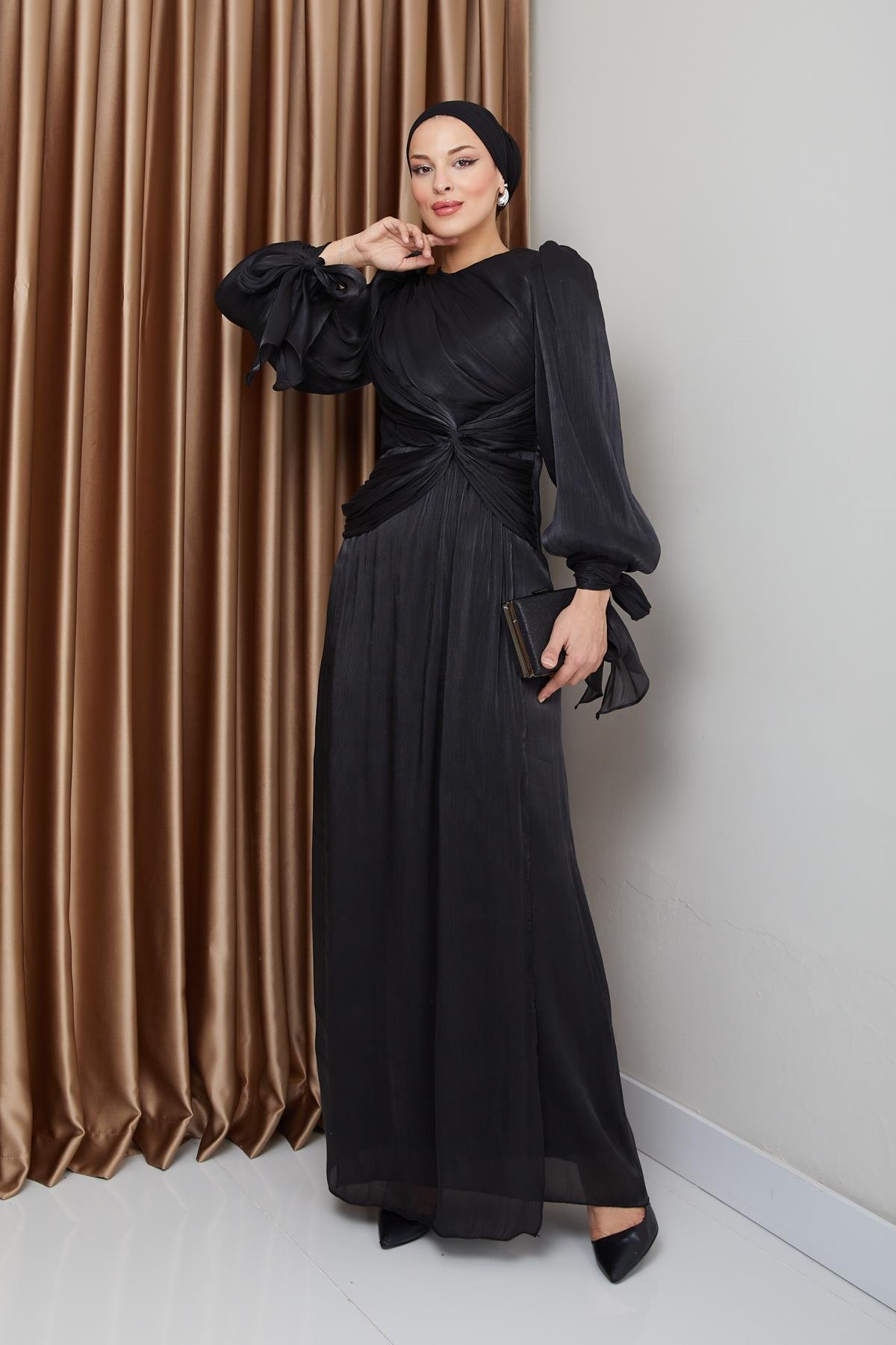 Yoryo Silk Hijab Evening Dress with Ruffle and Bow Detailed Armhole Tie BLACK 1224